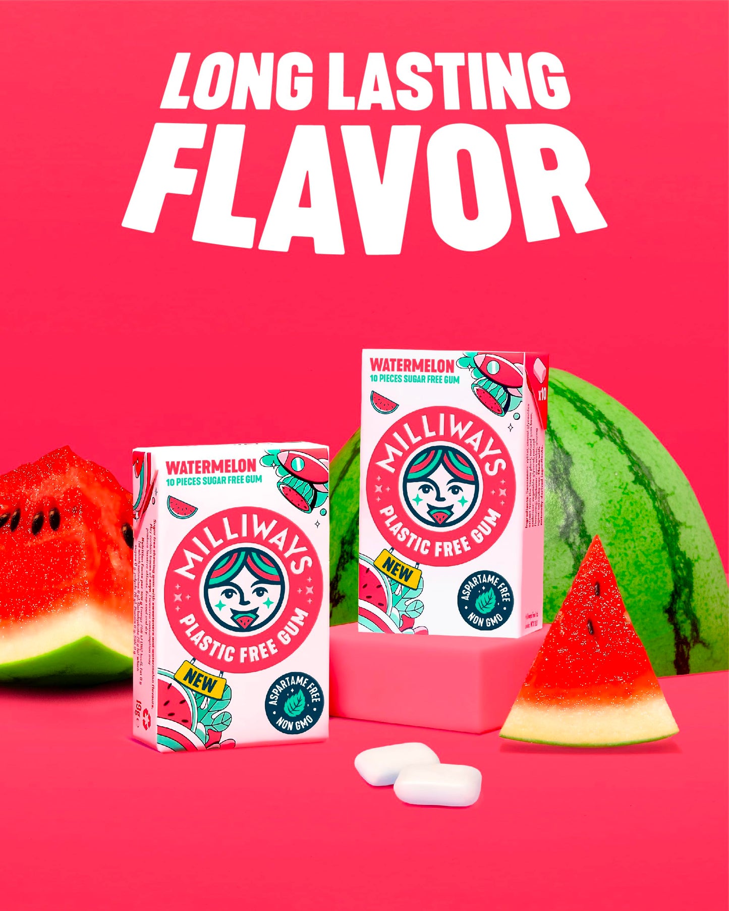 Milliways Watermelon | Plastic Free Gum | Xylitol, Aspartame-Free, Sugar-Free, Plant-Based, Natural Chewing Gum | 120 Pieces Total (12 Packs of 10
