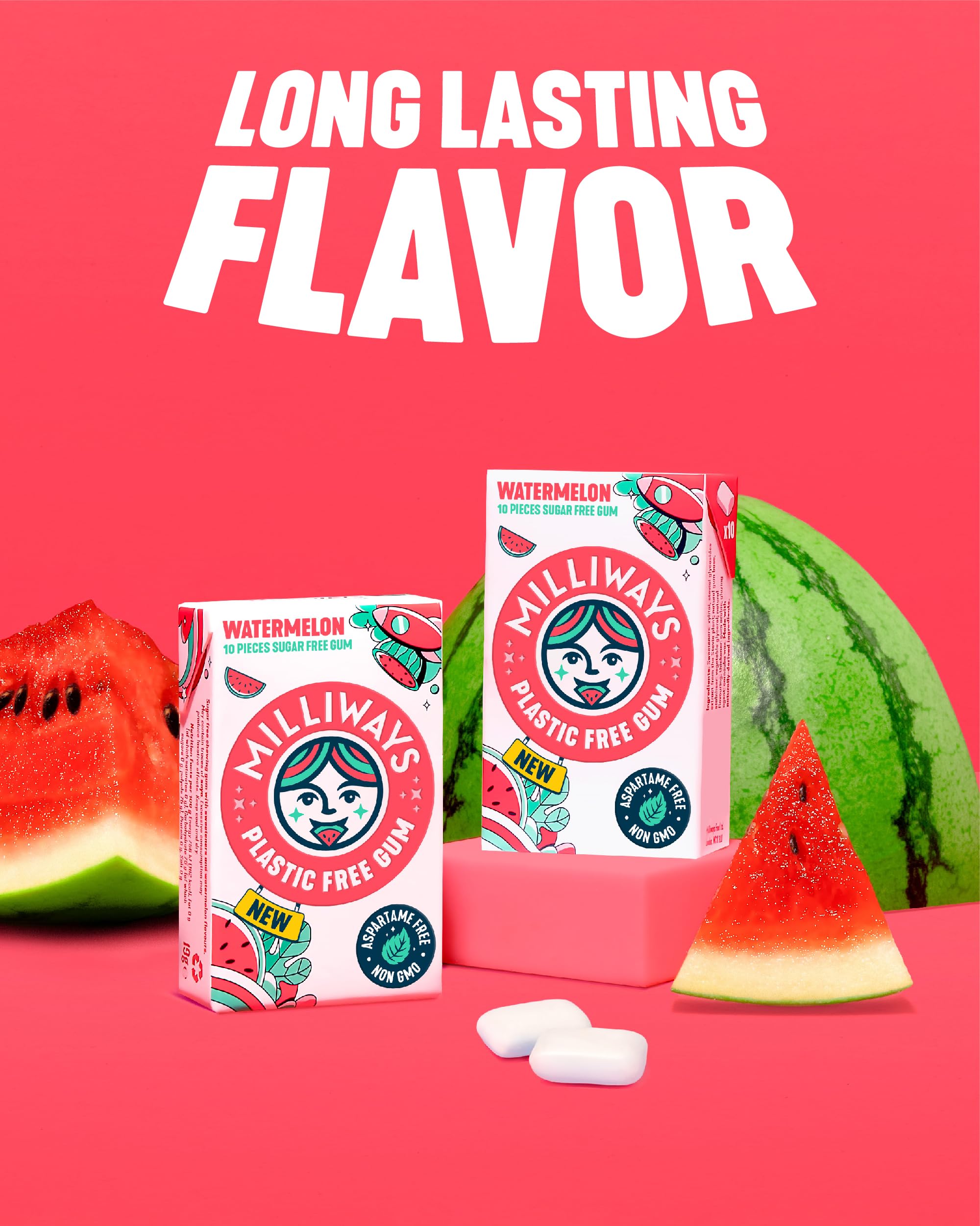 Milliways Watermelon | Plastic Free Gum | Xylitol, Aspartame-Free, Sugar-Free, Plant-Based, Natural Chewing Gum | 120 Pieces Total (12 Packs of 10