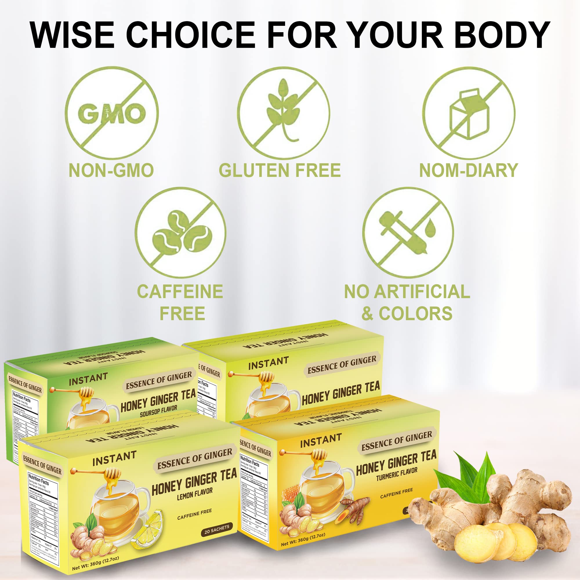Premium Honey Ginger Crystals Turmeric Beverage 20 Packets Instant Herbal Tea Bags Pure Honey, Fresh Ginger, Turmeric Root Caffeine Free Blend