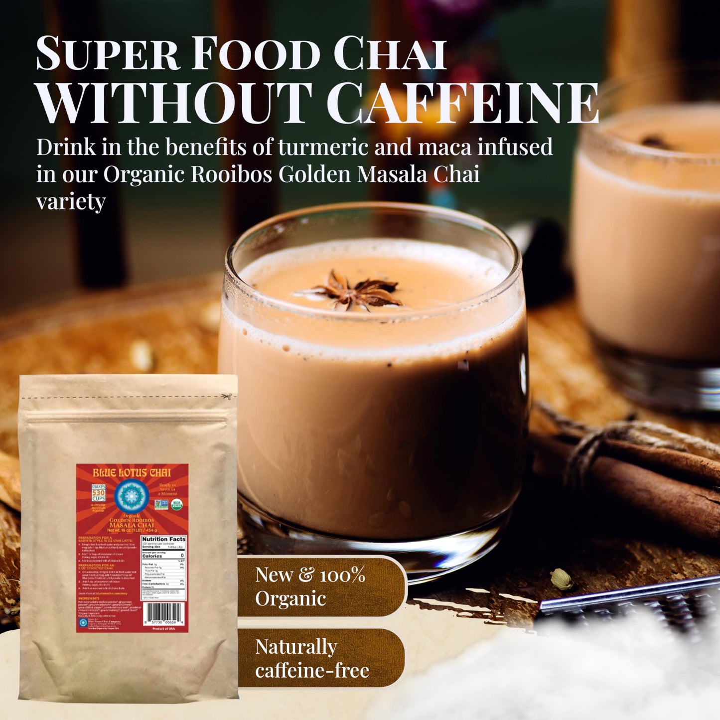 Blue Lotus Chai - Golden Rooibos Masala Chai - Makes 530 Cups - 1 Pound Bulk Bag Masala Spiced Chai Powder with Organic Spices - Instant Indian Tea No