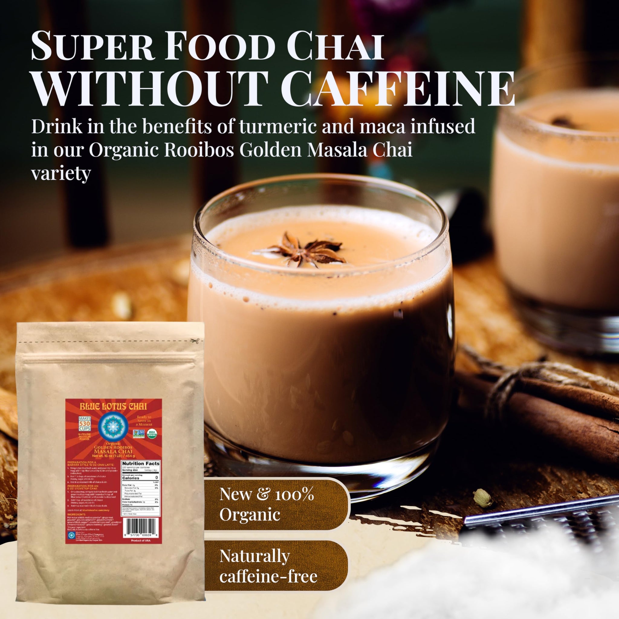Blue Lotus Chai - Golden Rooibos Masala Chai - Makes 530 Cups - 1 Pound Bulk Bag Masala Spiced Chai Powder with Organic Spices - Instant Indian Tea No