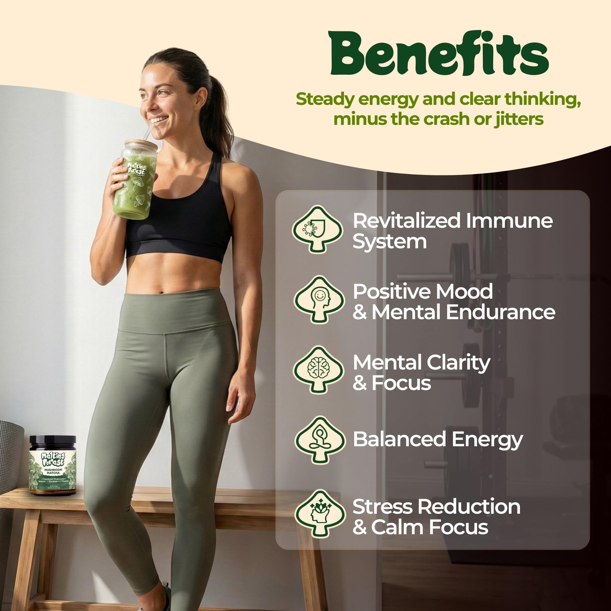 Melting Forest Mushroom Matcha Powder with 7 Functional Mushrooms, Reishi & Lion’s Mane, Adaptogen Blend (30 Servings)