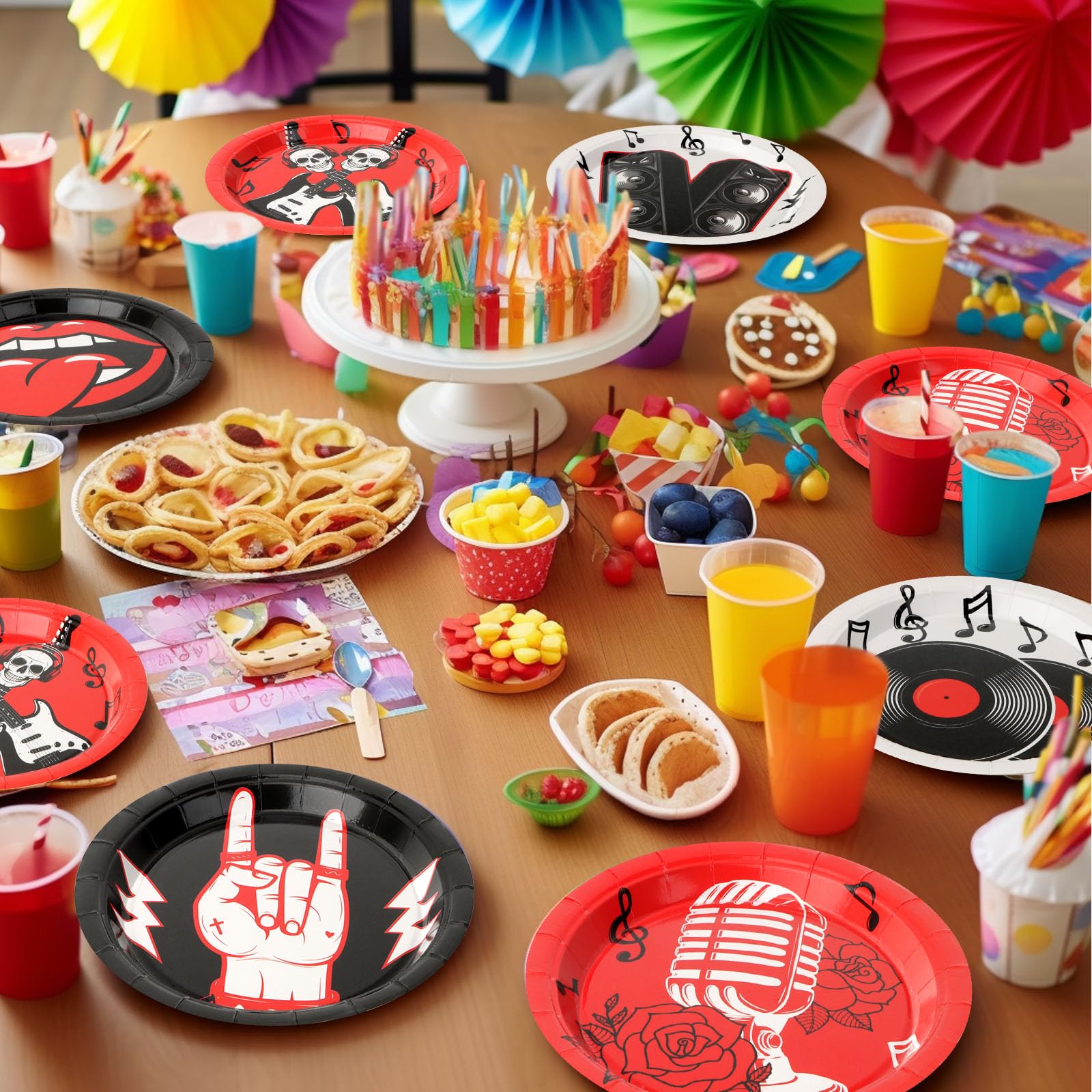 CLIYTICA 72Pcs Rock Party Paper Plates,1950's Record Dessert Plates,Disposable Music Birthday Tableware Set for Anniversary 50s 60s Theme Parties