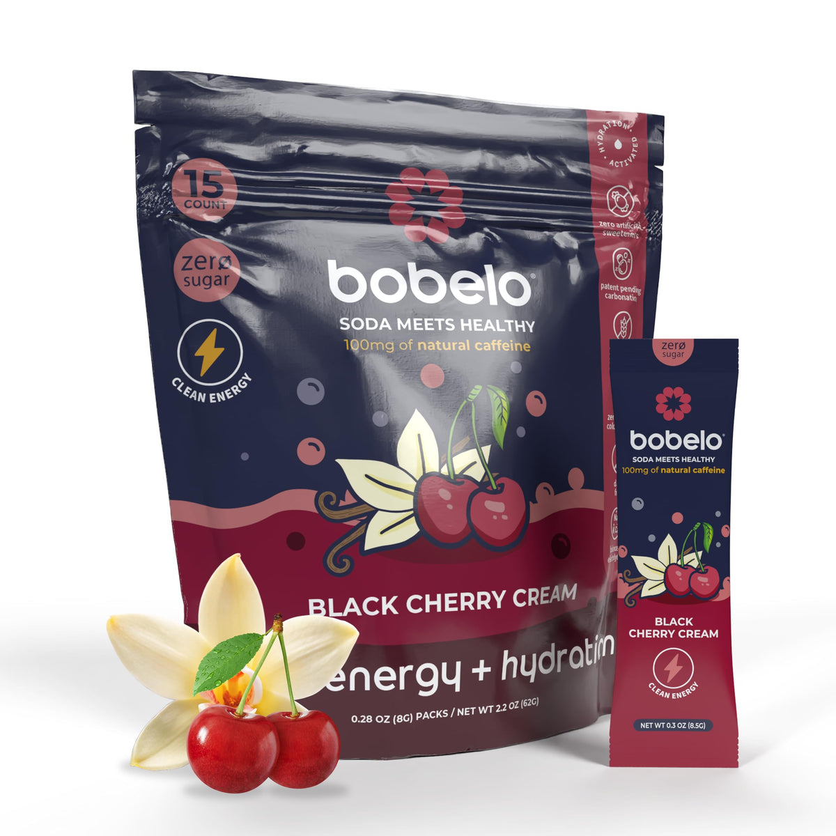 Bobelo Self-Carbonating Energy Drink Mix, Black Cherry Cream, 15 Packs