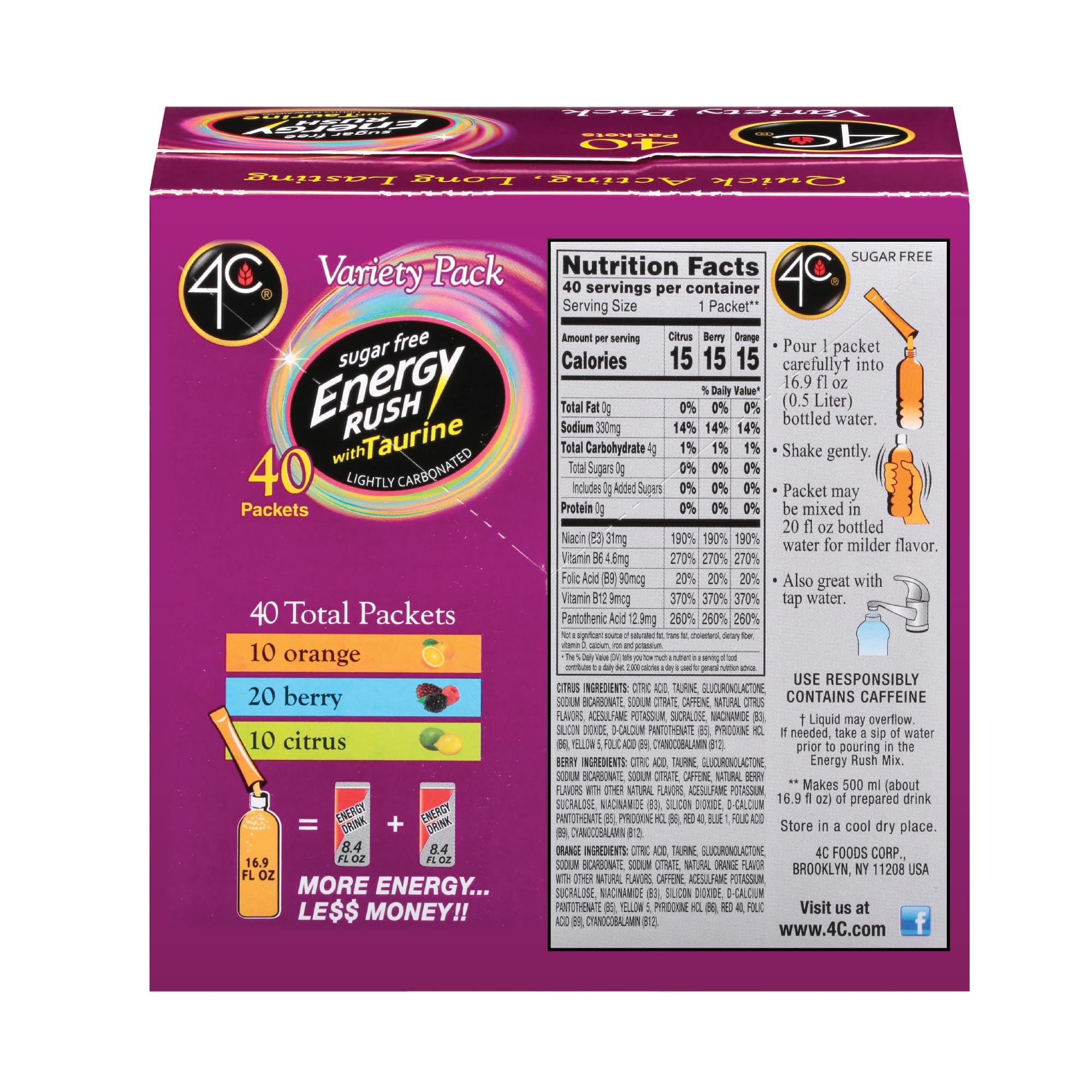 4C Energy Rush Stix, Variety 1 Pack, 40 Count, Single Serve Water Flavoring Packets, Sugar Free with Taurine, On the Go Bundle (20 Berry, 10 Orange