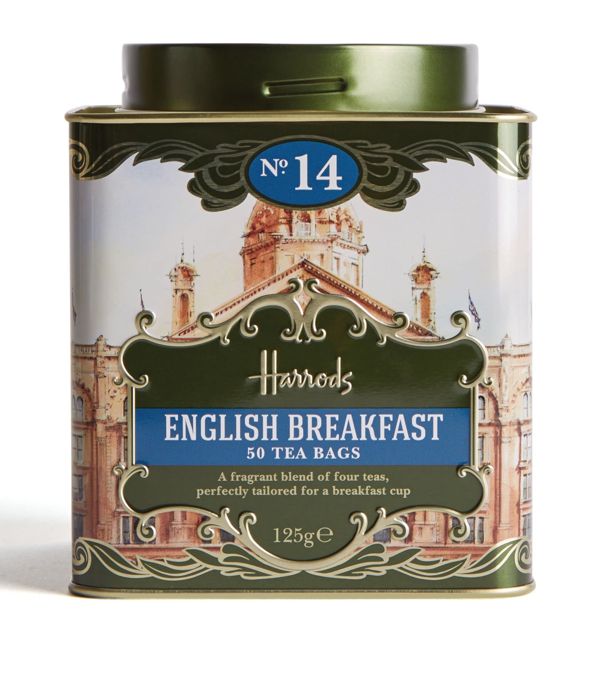 Harrods London. No. 14, English Breakfast 50 Tea Bags 125g 4.4oz GIFT TIN CADDY Seller Product Id HD2 USA Stock