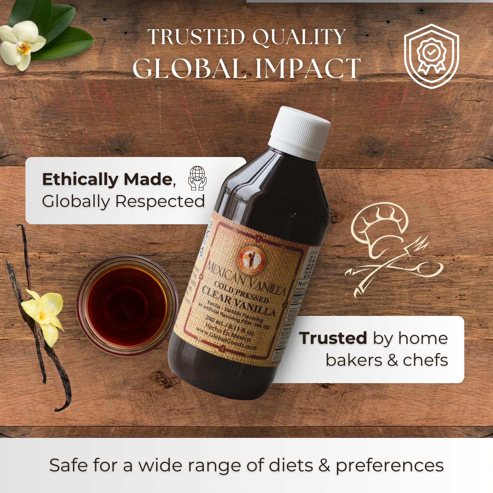 Pure Clear Mexican Vanilla Extract (8.12 fl oz) - Gluten-Free, Coumarin-Free Vanilla for Baking, Cakes, Cookies, Coffee & Desserts - Cold Pressed