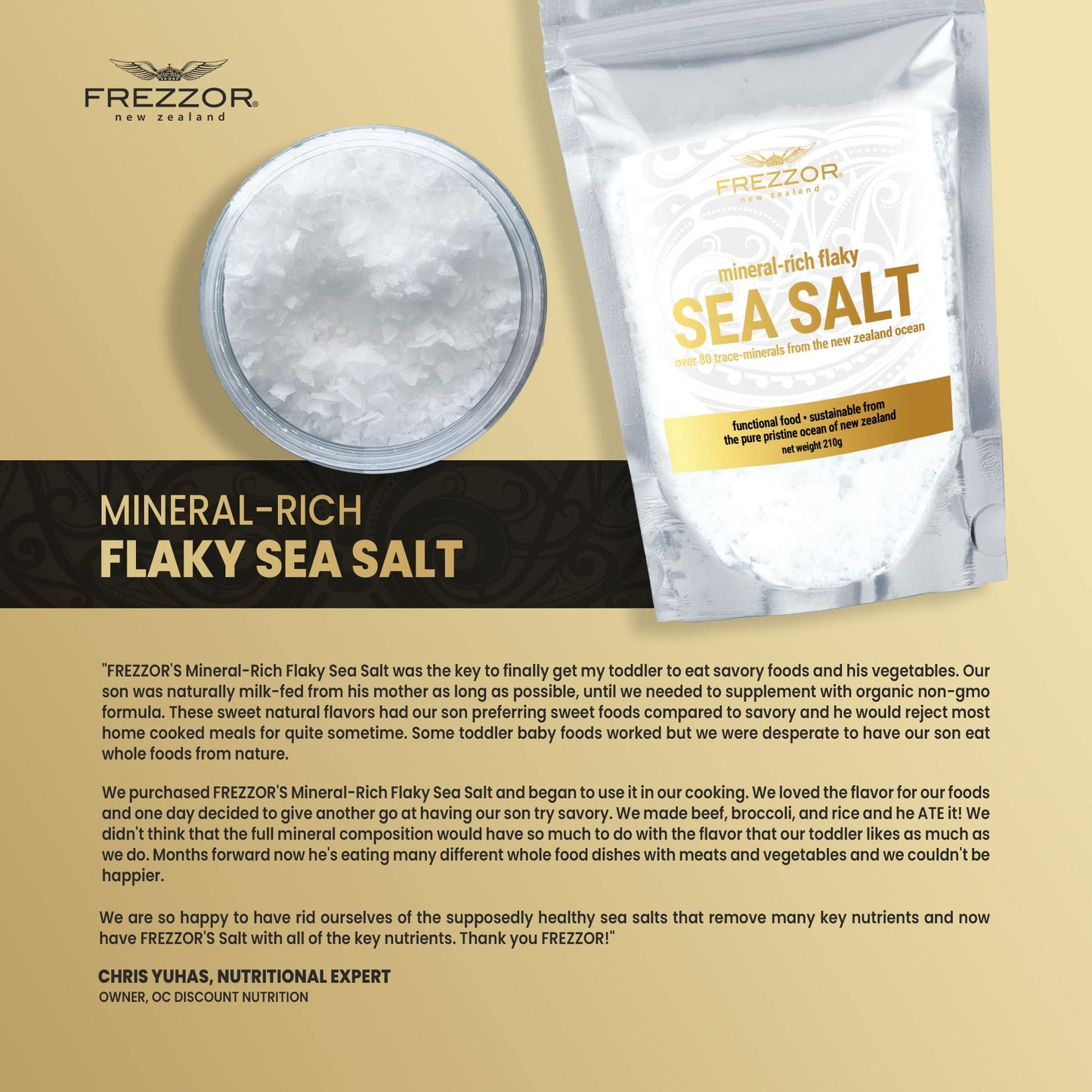 FREZZOR Flaky Sea Salt, 8.8 ounces of Premium Gourmet Sea Salt Flakes from New Zealand, 80 Minerals & Trace Elements, 100% All-Natural, Solar & Wind