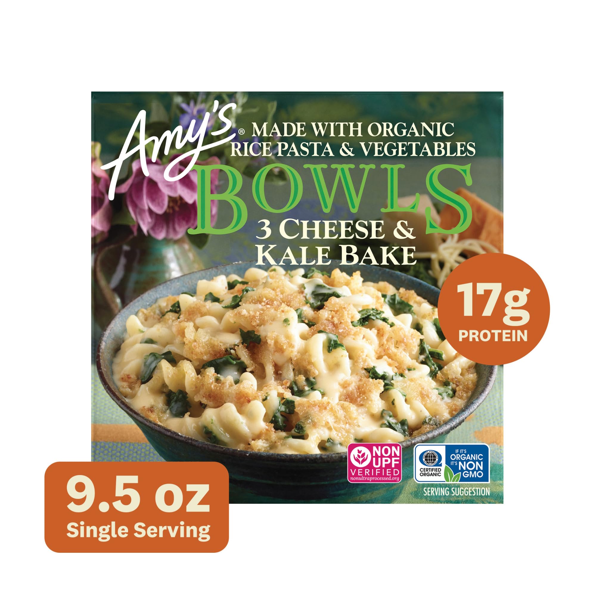 Amy's Frozen Meals, Three Cheese Kale Bake Bowl, Made With Organic Rice Pasta and Vegetables, Microwave Meals, 8.5 Oz