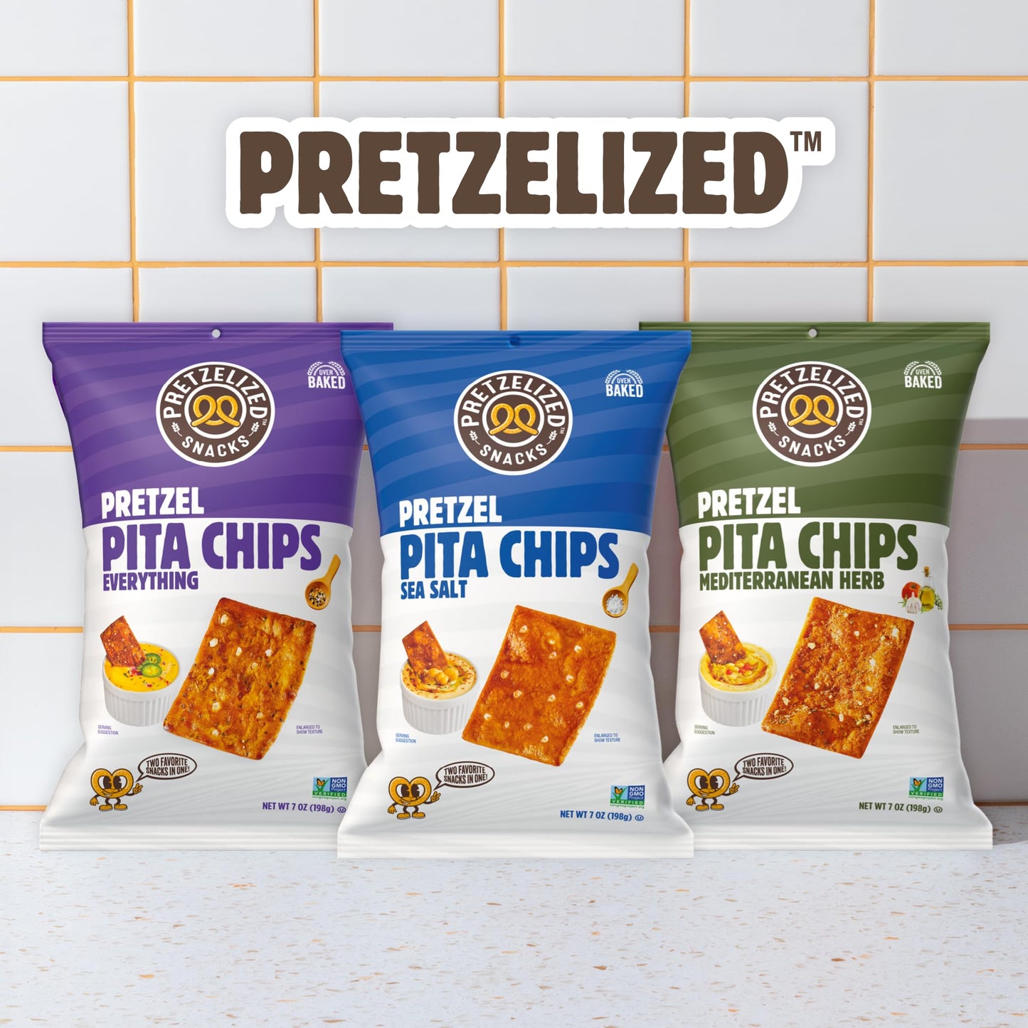 PRETZELIZED Snacks Pretzel Pita Chips Variety Pack (Pack of 4) 2 Sea Salt, 1 Everything, 1 Mediterranean MultiPack