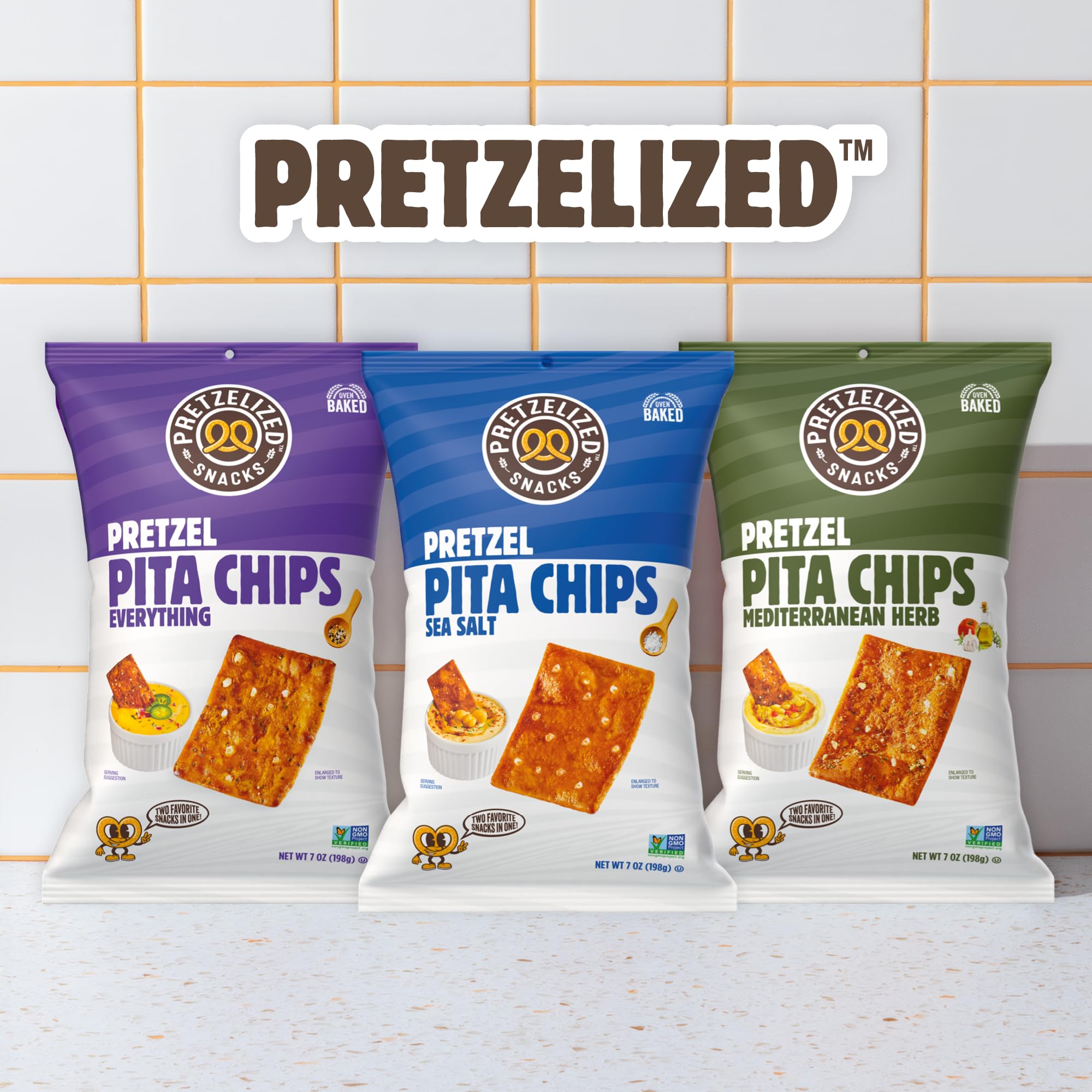 PRETZELIZED Snacks Pretzel Pita Chips Variety Pack (Pack of 4) 2 Sea Salt, 1 Everything, 1 Mediterranean MultiPack