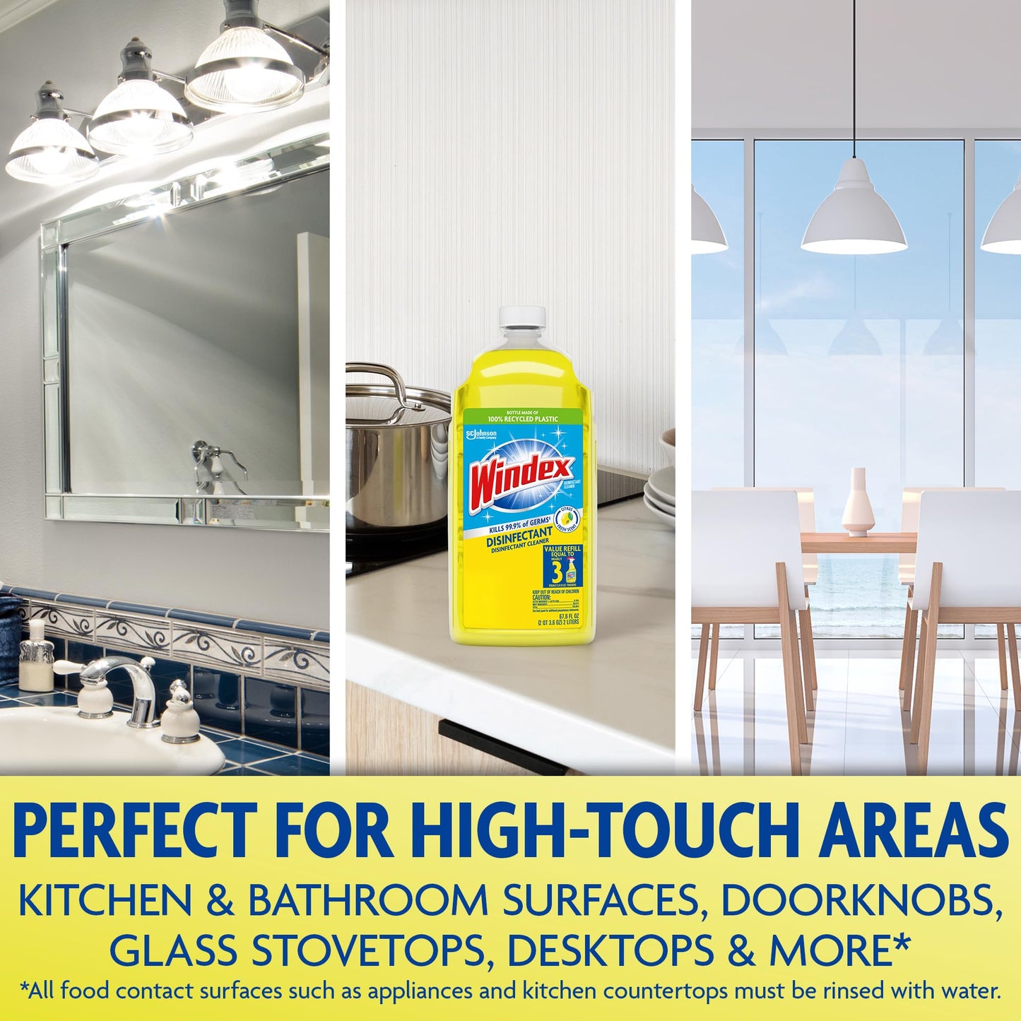 Windex Refill Multipurpose Disinfectant Cleaner Spray, Bottle Made from 100% Recycled Plastic, Surface Cleaning Spray, Citrus Fresh Scent, 2L (67.6 Fl