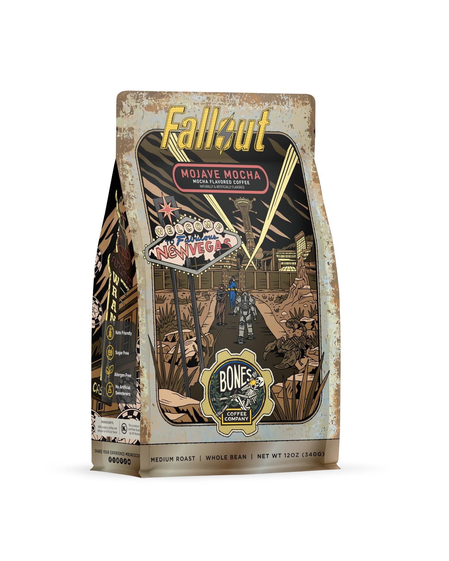 Bones Coffee Company Fallout Mojave Mocha, Mocha Flavored Coffee, Medium Roast Low Acid Arabica Beans Compatible with Auto drip and French Press