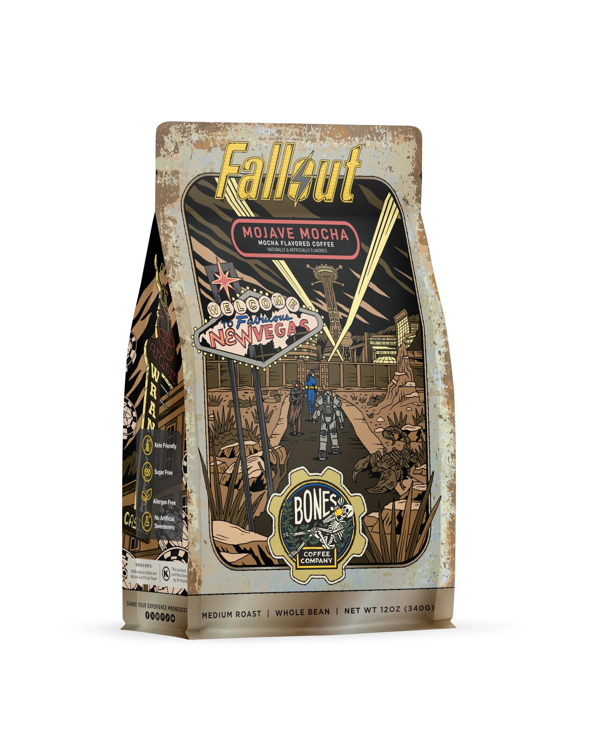 Bones Coffee Company Fallout Mojave Mocha, Mocha Flavored Coffee, Medium Roast Low Acid Arabica Beans Compatible with Auto drip and French Press