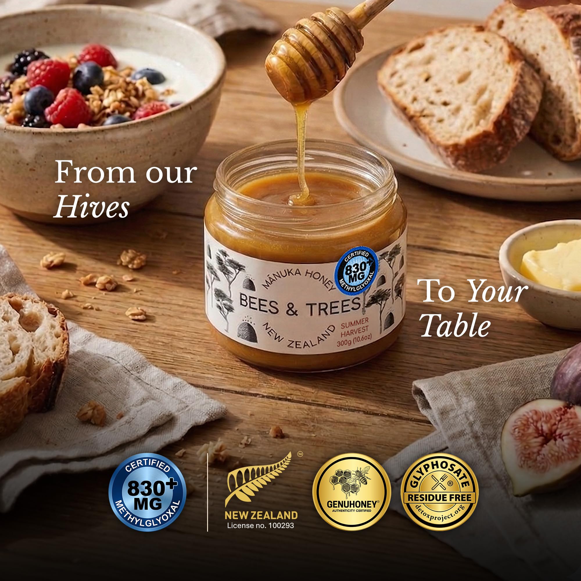 Bees & Trees Manuka Honey 830+ MGO - Raw, Pure New Zealand Monofloral Honey - Unpasteurized & Minimally Filtered - Ideal for Tea, Coffee, Dressings