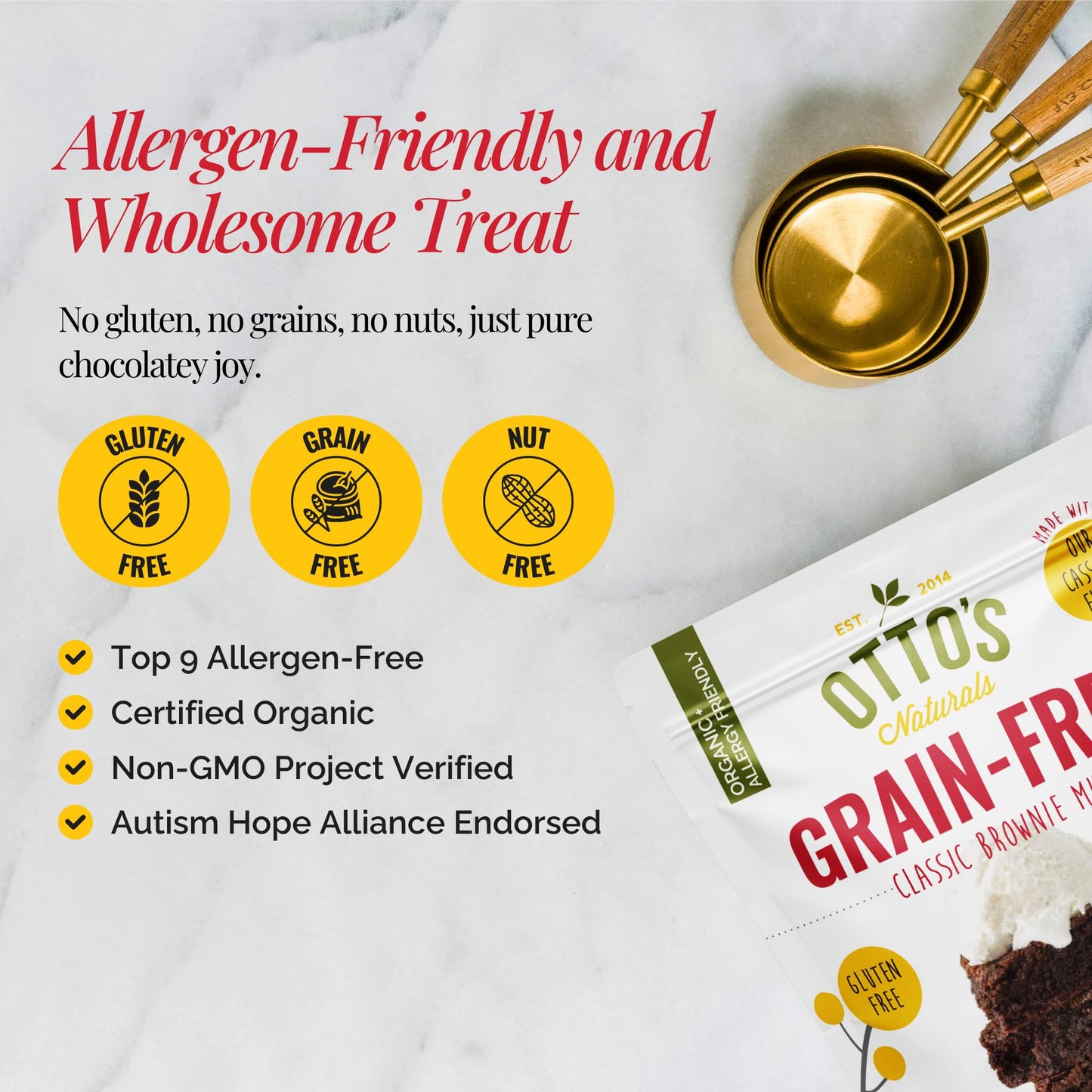 Otto's Naturals Grain-Free Classic Brownie Mix, 11.1 Oz., Top 9 Allergen-Free, Organic Cassava Flour, Gluten Free, Non-GMO, Vegan, Plant-Based