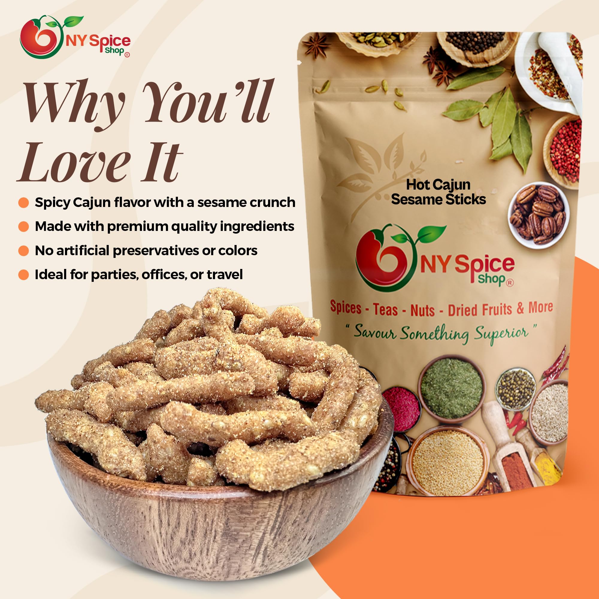 NY Spice Shop Cajun Sesame Sticks - 5 Pound Spicy Cajun Sesame Toasted Snack Mix - Crunchy Hot Flavor Bites - Finger Munchies Savory Party Treats