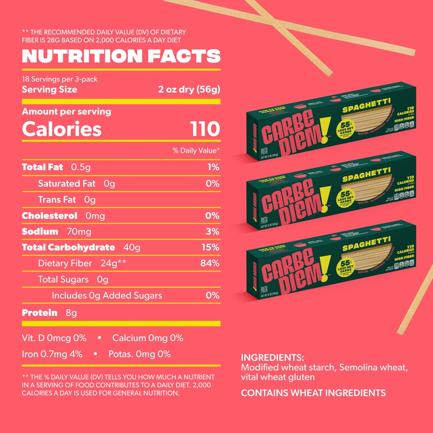 Carbe Diem!, Spaghetti, Lower Net Carb Pasta with Traditional Flavor & Texture, 8 grams of Protein, 55% Fewer Net Carbs & Only 110 Calories Per