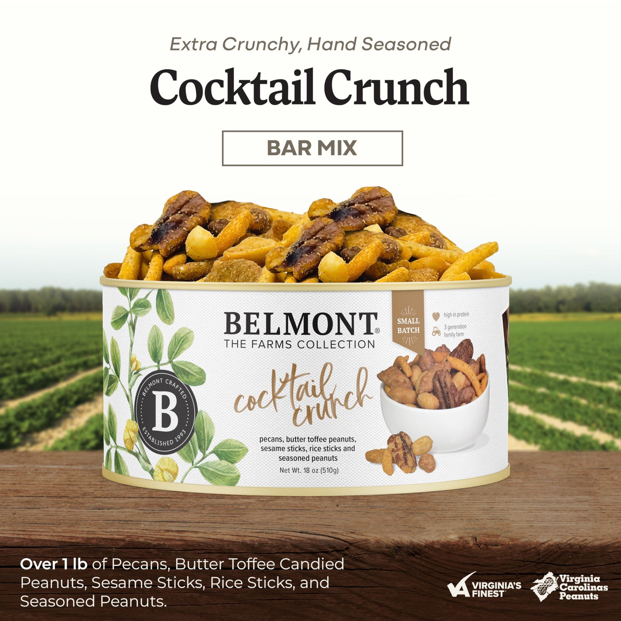 Belmont Peanuts Cocktail Crunch Mix, 18 oz (1 Pack) - Pecans, Butter Toffee Virginia Peanuts, Sesame Sticks, Rice Sticks, Seasoned Peanuts - Simple