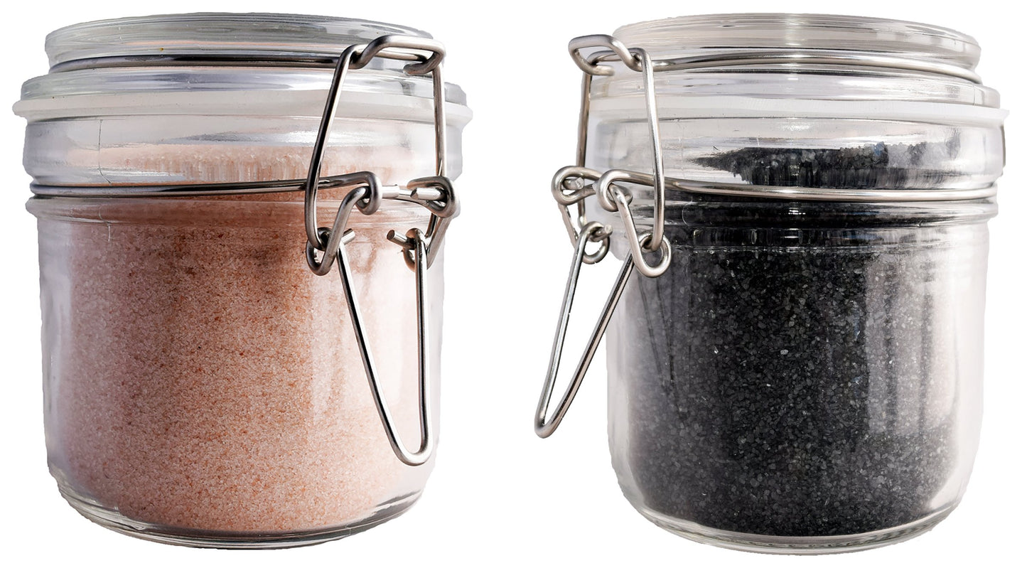 Gourmet Himalayan & Hawaiian Black Lava Sea Salt Gift Set (Ground Fine - 8oz Each) in Reusable Airtight 8oz Chefs Spice Jars - Kosher and non-GMO