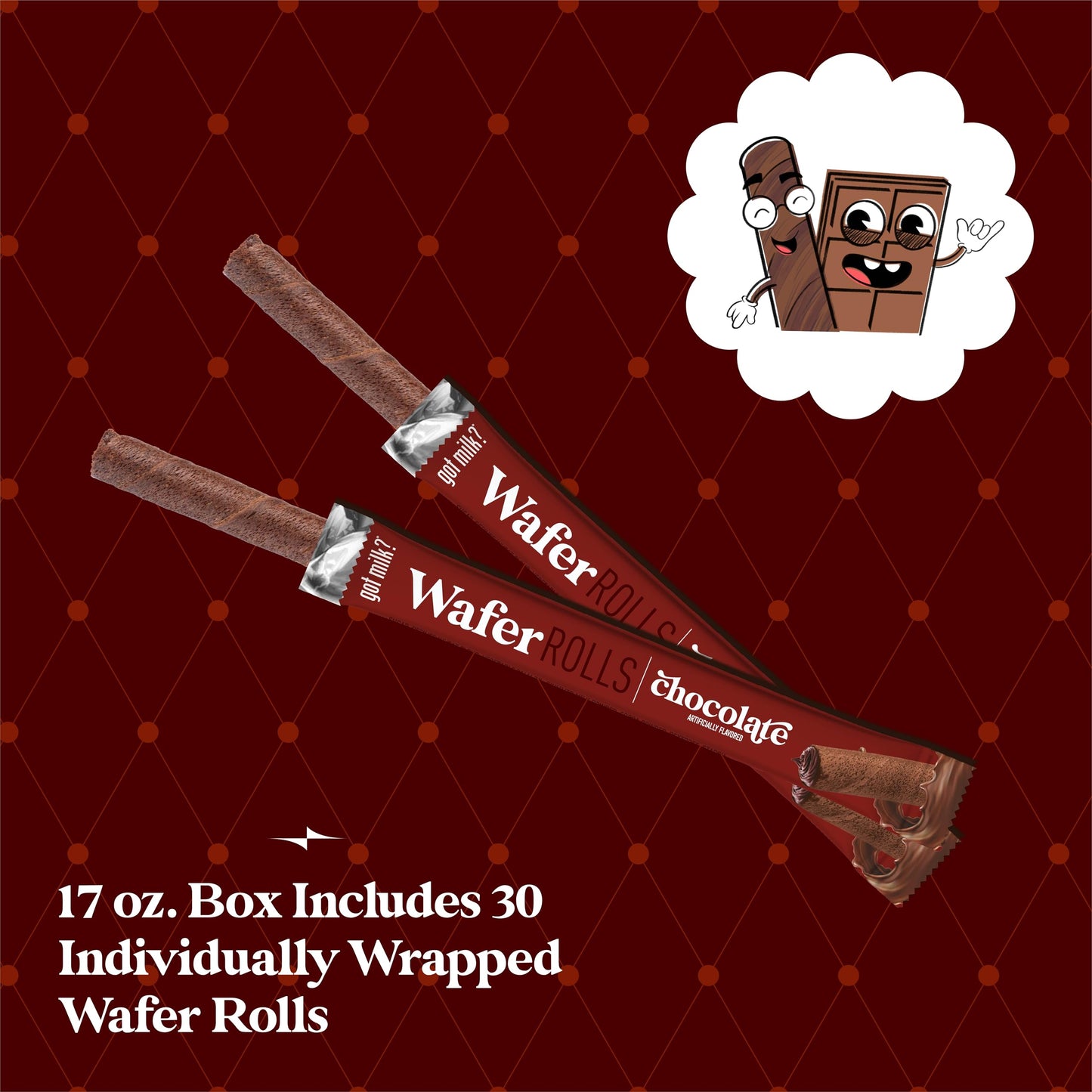 got milk? Wafer Rolls, Chocolate, 17-ounce Box with 30 Rolls, Individually Wrapped Rolled Wafer Spirals with Filling, Chocolate Wafer Cookies