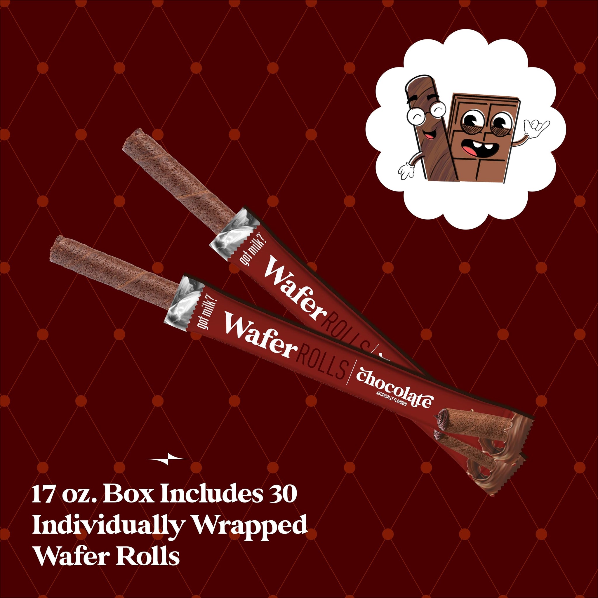 got milk? Wafer Rolls, Chocolate, 17-ounce Box with 30 Rolls, Individually Wrapped Rolled Wafer Spirals with Filling, Chocolate Wafer Cookies
