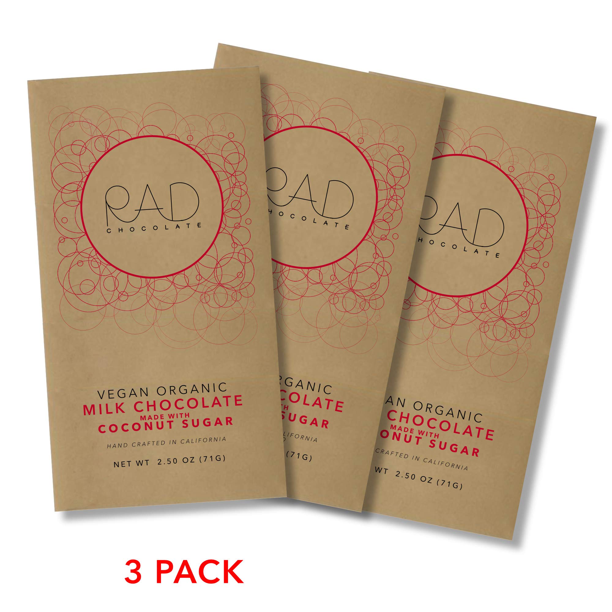 Rad Chocolate Vegan Milk Chocolate Coconut Sugar | 3 Pack | Certified Organic | Gluten & Soy Free Chocolate | Paleo Friendly