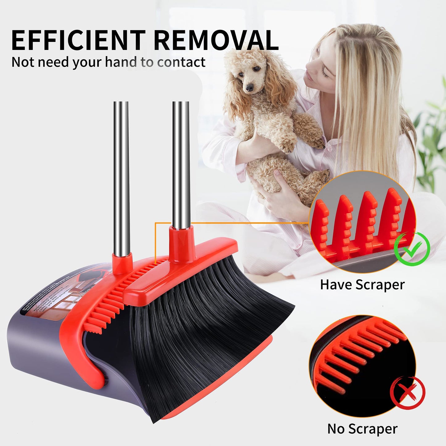 Broom with Dustpan Combo Set Broom and Dustpan Set Dust Pan with Stainless Steel Long Handle, Brooms with 5-Layer Soft Bristles for Sweeping Office