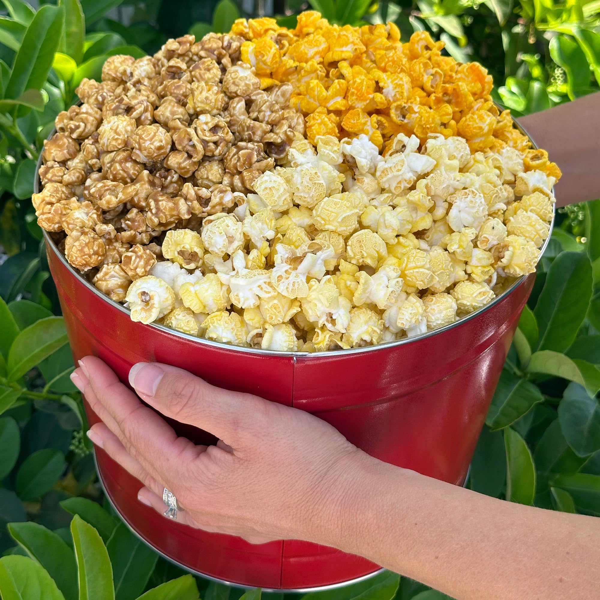 Signature Popcorn - 2-Gallon Solid Red Holiday Reusable Metal Tin - Butter, Caramel & Cheddar Cheese