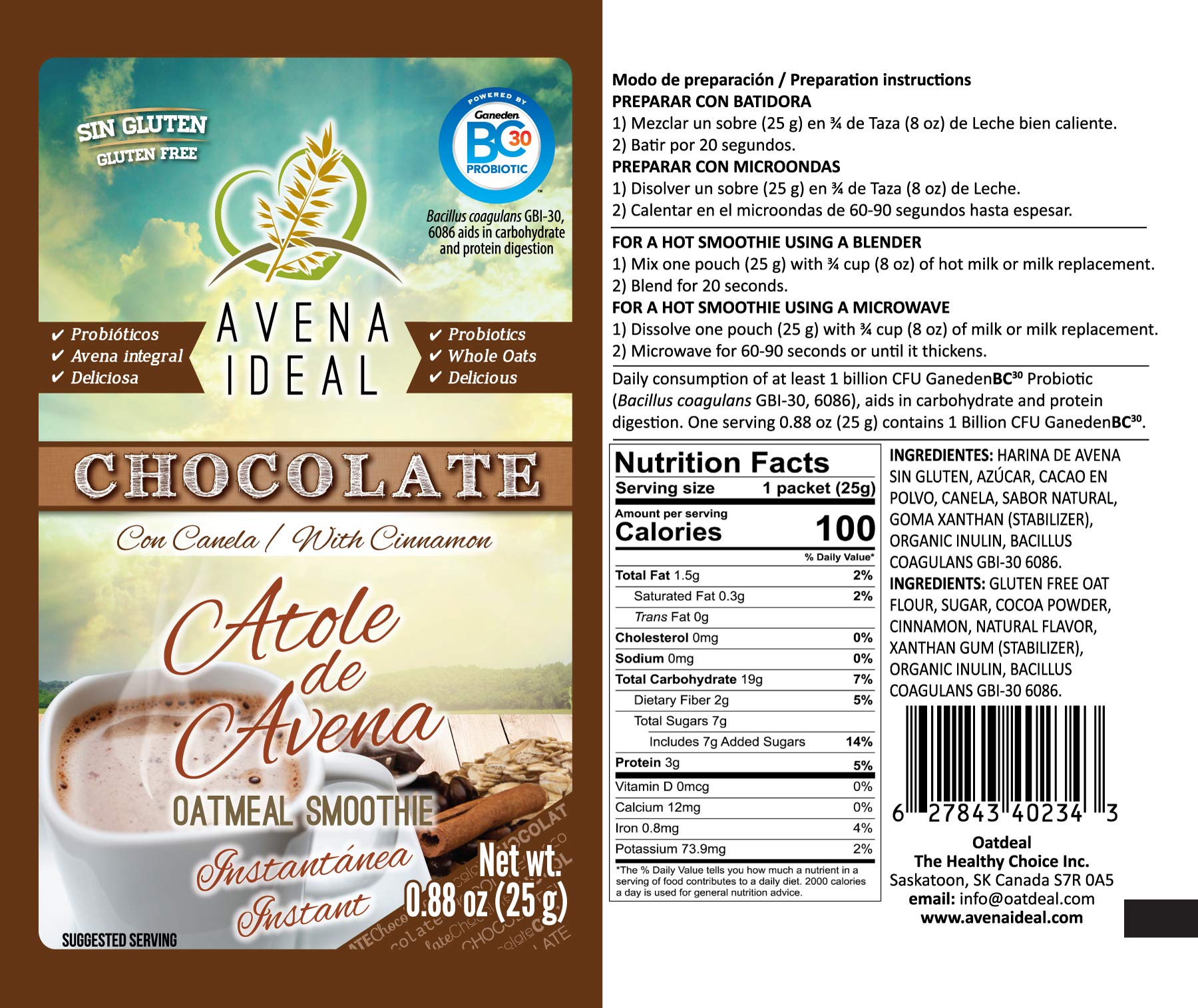 Avena Ideal Oatmeal Smoothie, Chocolate With Cinnamon, Gluten Free Oats, Vegan, 12 count