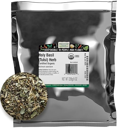 Frontier Co-op Organic Tulsi Holy Basil Herb, 8oz Bulk Bag - Highly Aromatic with Minty Flavor - Perfect for Cooking, Tulsi Tea and Herbal Uses