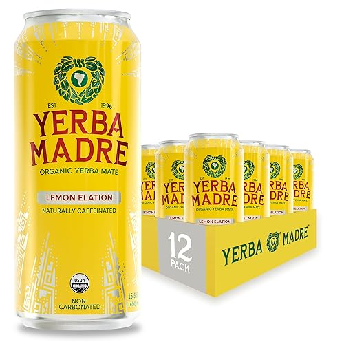 Yerba Madre Organic Yerba Mate, Lemon Elation, 150mg Natural Caffeine, Energy Drink Alternative, No Jitters or Crash, 15.5 Oz Cans (Pack of 12)
