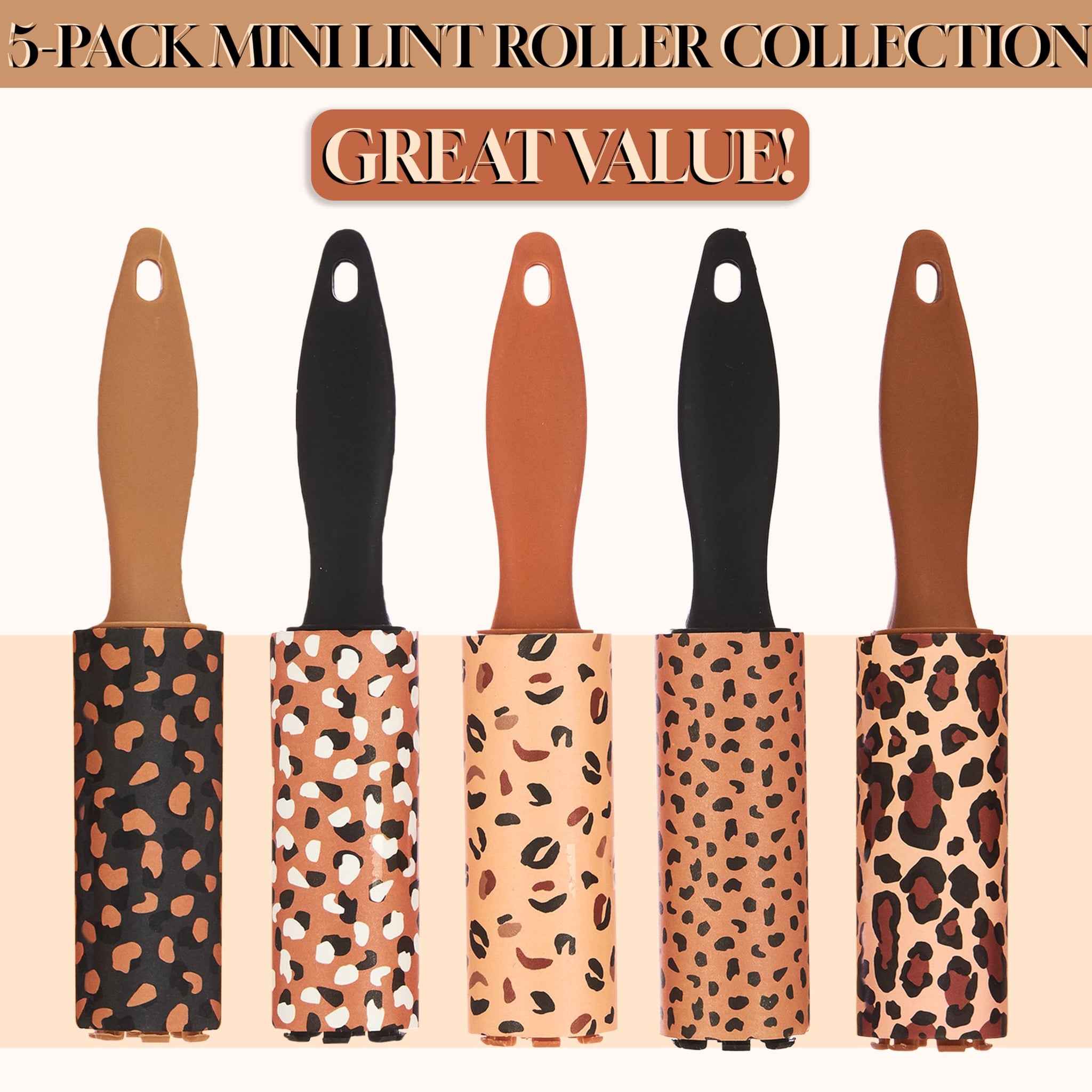 5pc Brown Mini Lint Roller Value Pack - Colorful Compact Rollers for Travel | Pet Hair & Lint Remover for Clothing & Household Use | Portable
