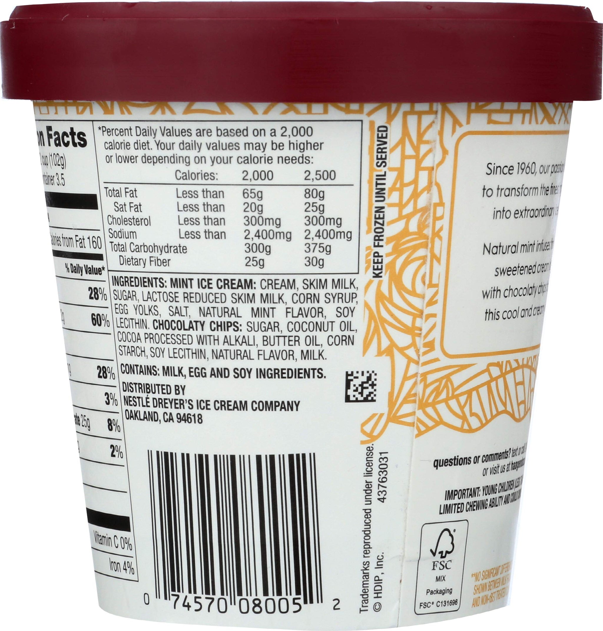 Haagen-Dazs, Mint Chip Ice Cream, 14-oz (Frozen)