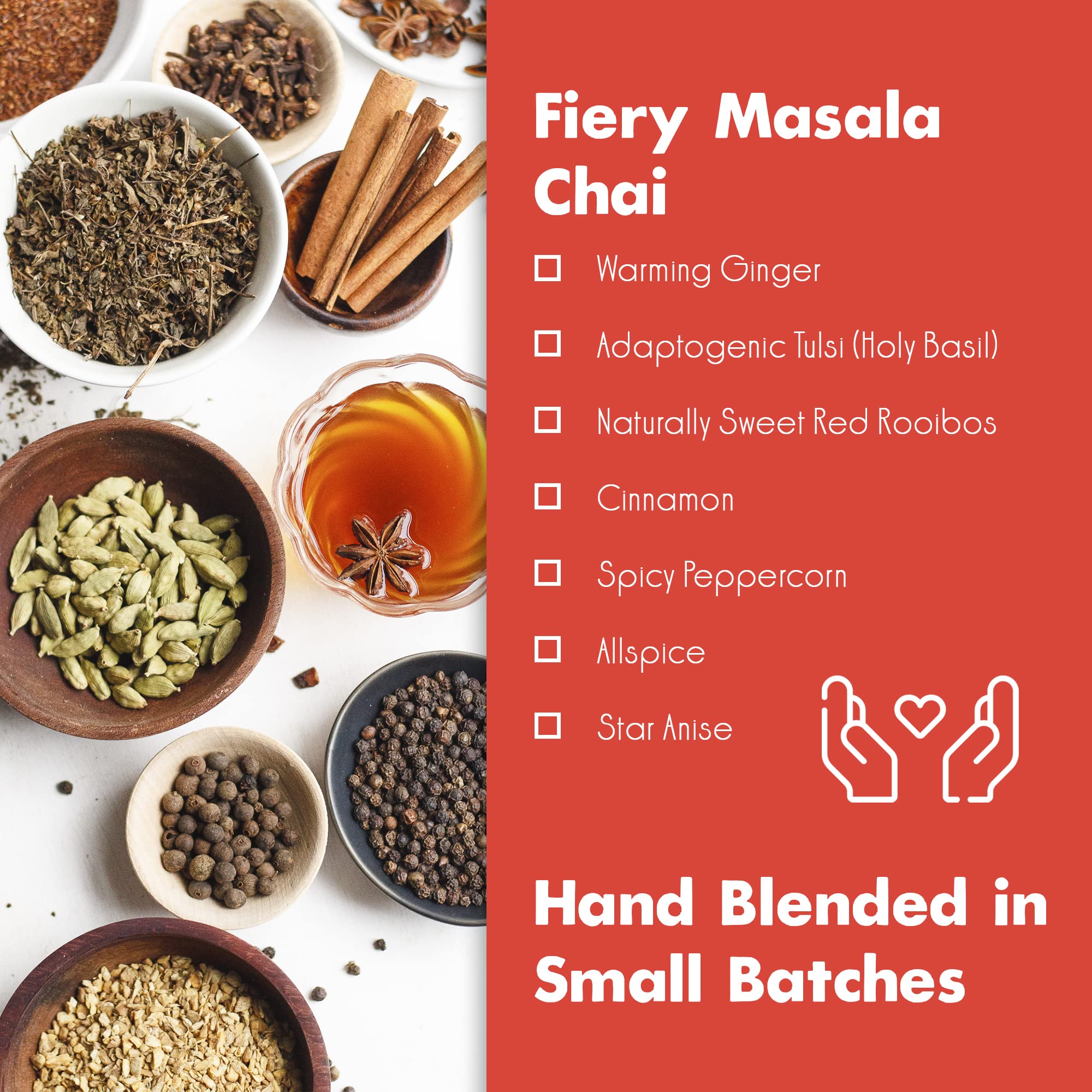 Big Heart Tea Co. Tea Bags - Fiery Masala Chai - Certified Organic, Ayurvedic Herbal Decaf Tea with Small Batch Ground Sweet Herbs and Spices