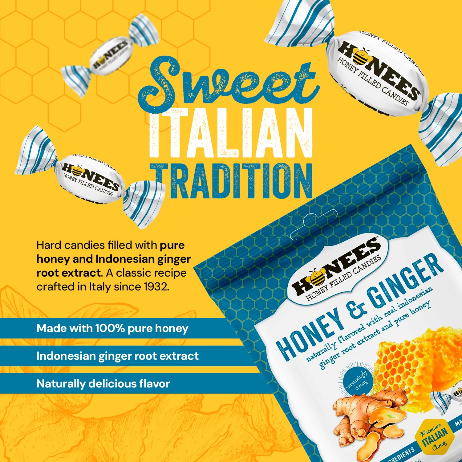 Honees Honey & Ginger Hard Candy Individually Wrapped | Natural & Healthy Candy, Italian Made with Real Honey & Indonesian Ginger, 1 Pack (2.85 oz)