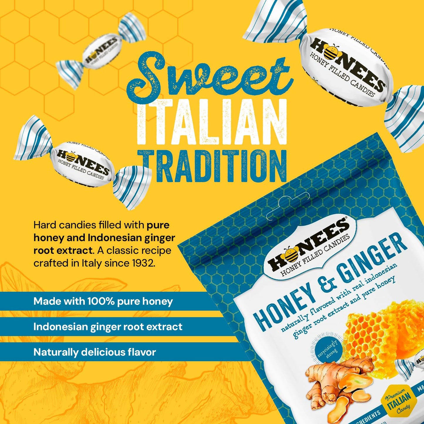 Honees Honey & Ginger Hard Candy Individually Wrapped | Natural & Healthy Candy, Italian Made with Real Honey & Indonesian Ginger, 3 Pack (8.55 oz)