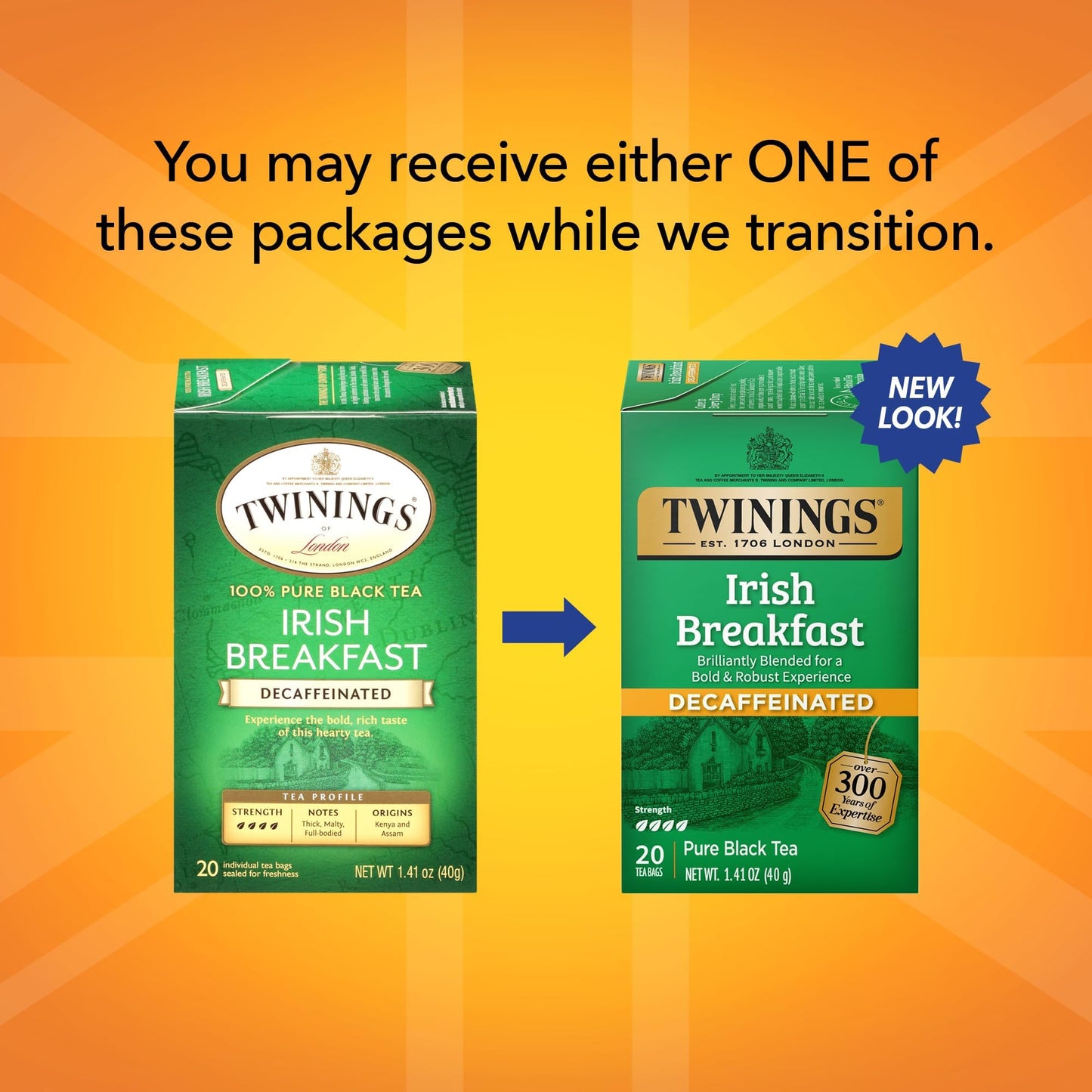 Twinings Irish Breakfast Tea, Decaf Tea Bags, Strong and Distinctive Black Decaffeinated Tea, 20 Individually Wrapped Tea Bags (Pack of 2)