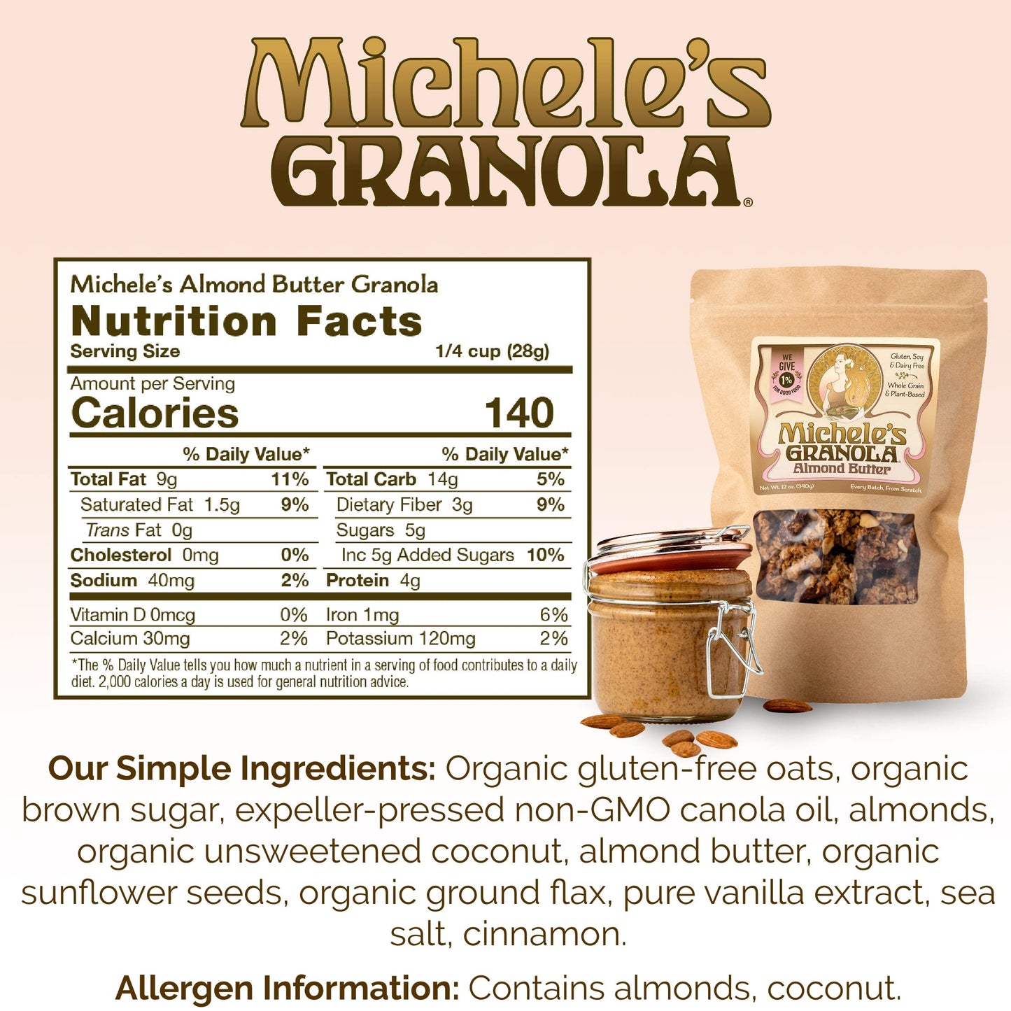 Michele's Granola Almond Butter, Handmade, Whole Grain, Vegan, Gluten-Free & Non-GMO, 12oz Resealable Bags, Pack of 6