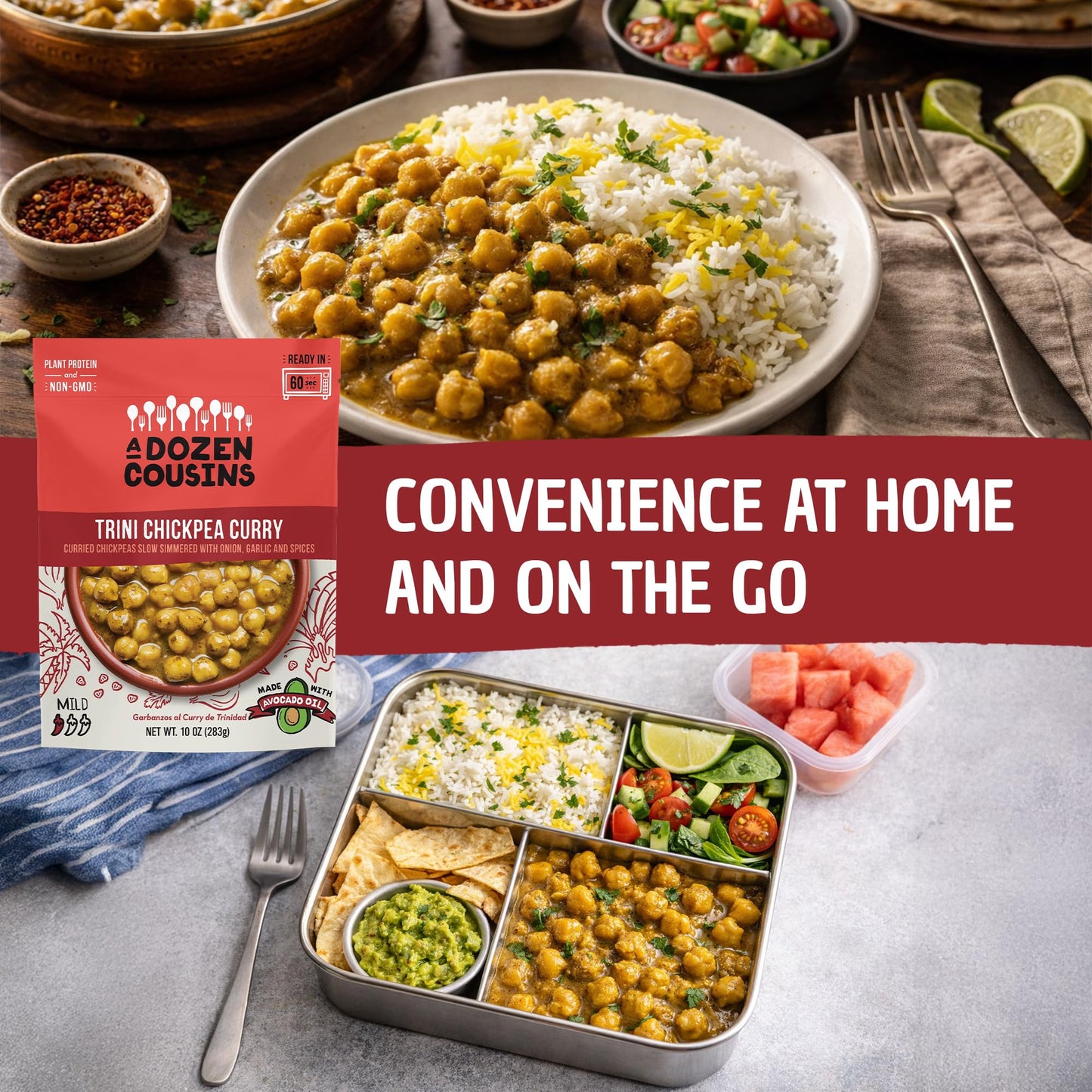 A Dozen Cousins Trini Chickpea Curry Beans (6-Pack) Prepared Food Pouch, Ready to Eat Meal in Seasoned Avocado Oil, Premade Microwave Meal, Instant