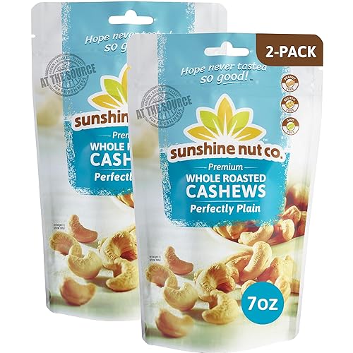 Sunshine Nut Company Whole Roasted Cashews, Perfectly Plain Flavor, No Added Salt, 2 Pack, 7 oz. Each, Gluten Free, Peanut Free and Vegan Individual