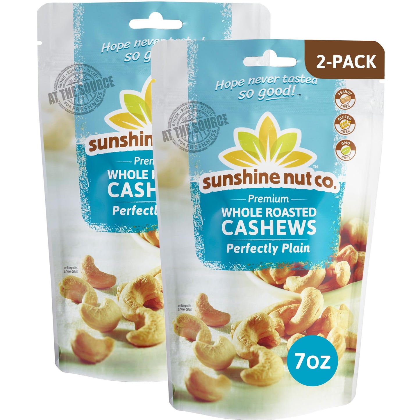 Sunshine Nut Company Whole Roasted Cashews, Perfectly Plain Flavor, No Added Salt, 2 Pack, 7 oz. Each, Gluten Free, Peanut Free and Vegan Individual