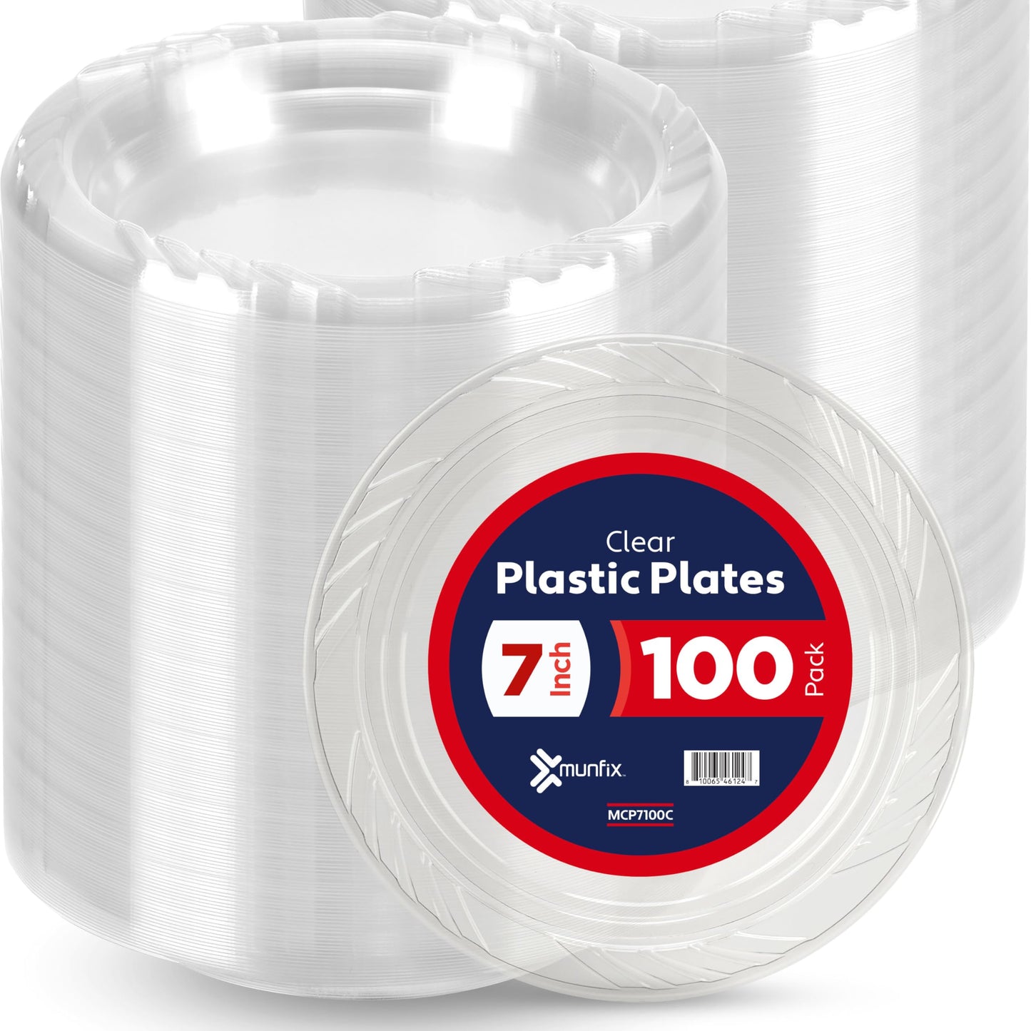 Munfix 100 Pack Clear Plastic Plates, 7 Inch Disposable Appetizer, Dessert Plates, Bulk Pack for Party, BBQ, Picnic, Parties, Travel and Events