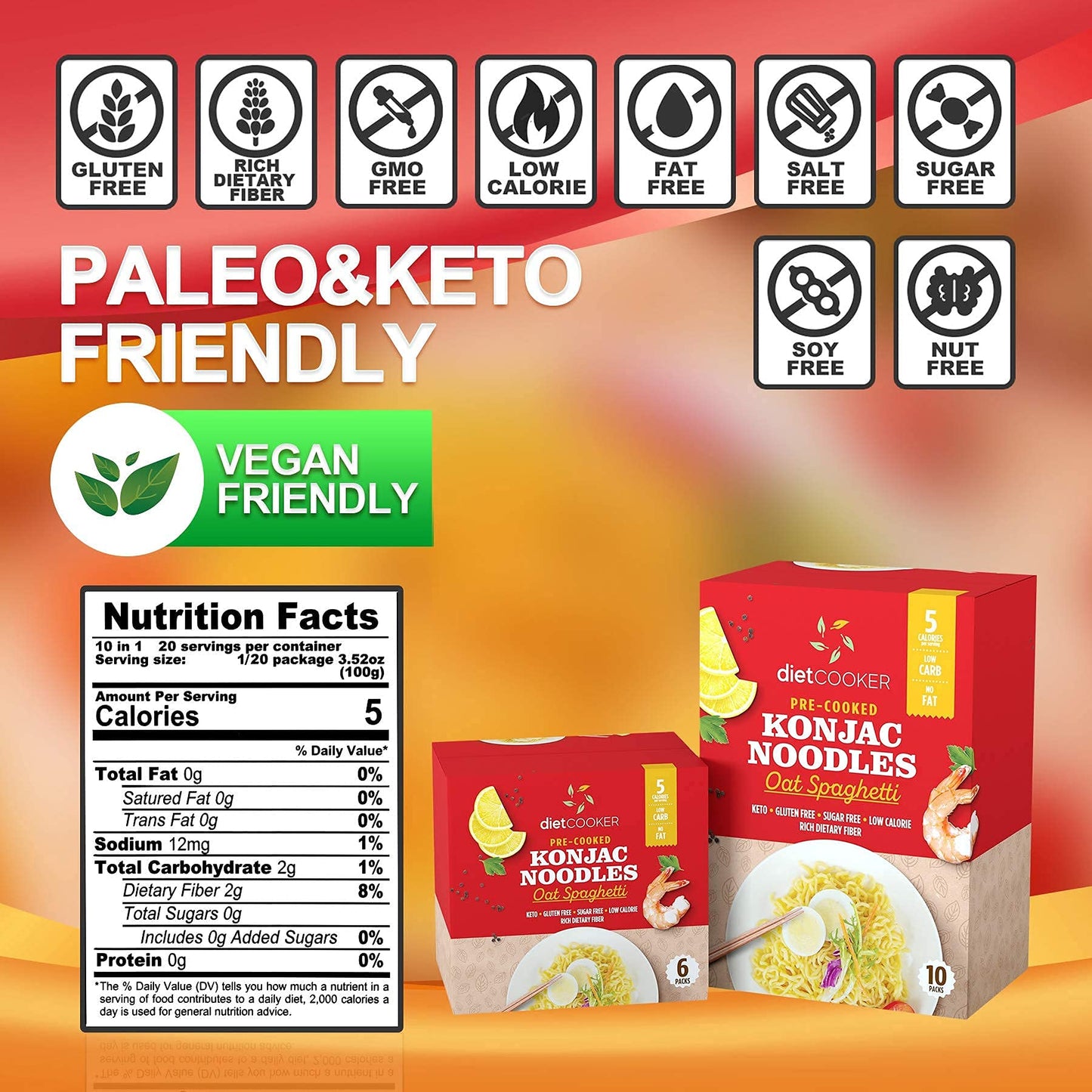 (Pack of 6) DIET COOKER Premium Konjac Noodles, Shirataki Noodle, Keto & Vegan Friendly, Odor Free, Low Calorie Pasta, Zero Net Carbs, Healthy Diet