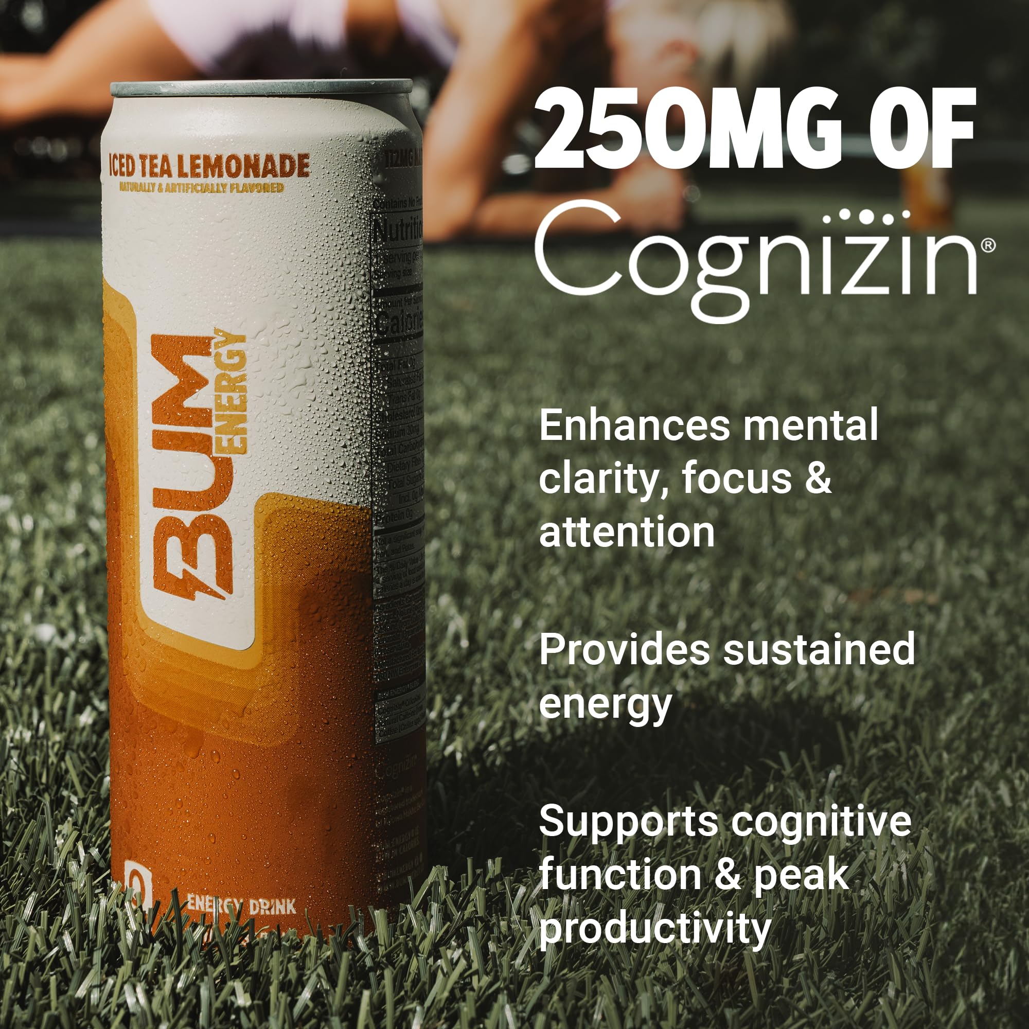 BUM Sugar-Free Energy Drink, Iced Tea Lemonade - No Artificial Colors, Natural Caffeine & Citicoline for Energy & Focus, Brain Boost & Workout Sports