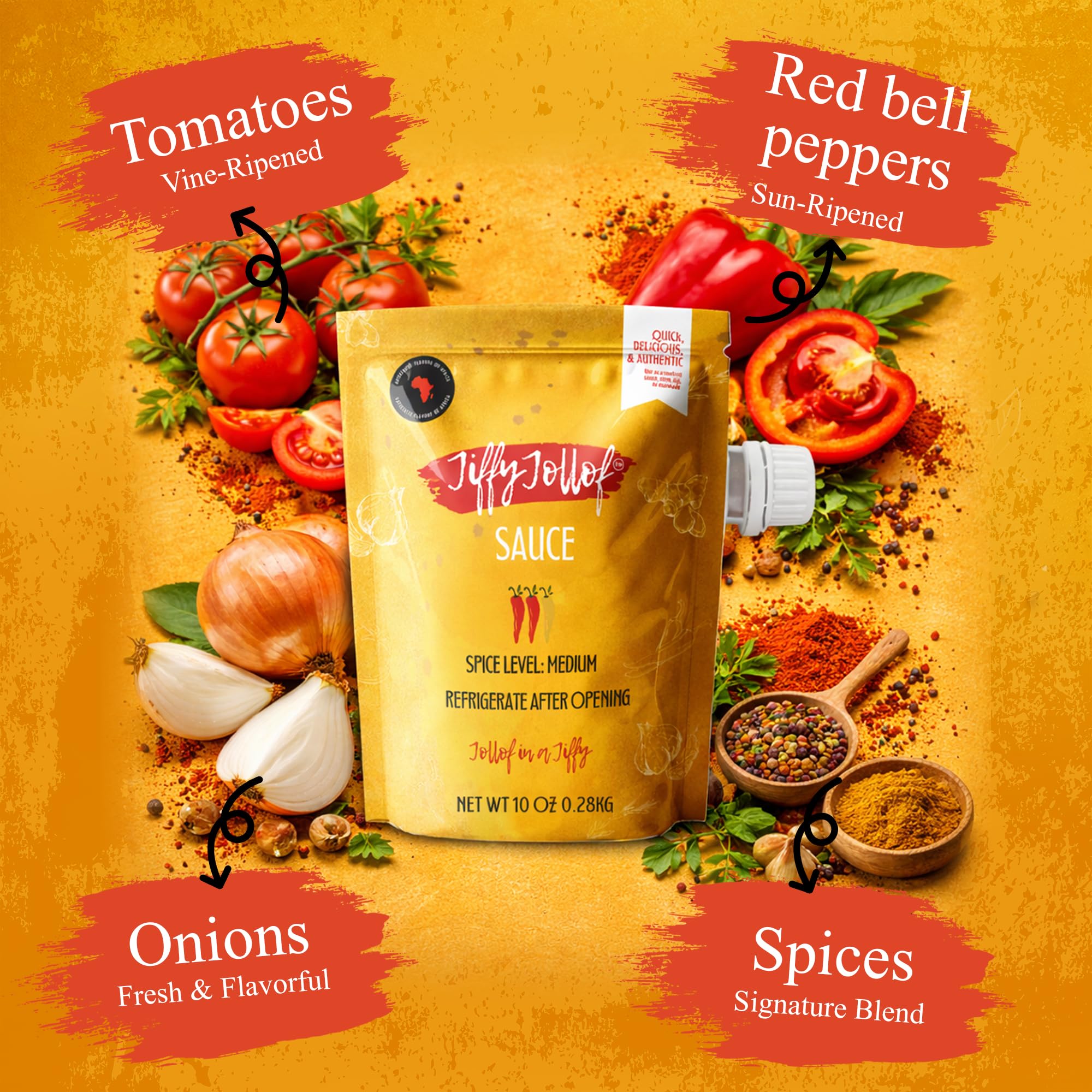 Jiffy Jollof Sauce, Authentic Nigerian Tomato Pepper Blend for One-Pot Meals, Spicy Pasta, Roasted Bell Pepper Stew, Hot Cooking Sauce, 10oz Food