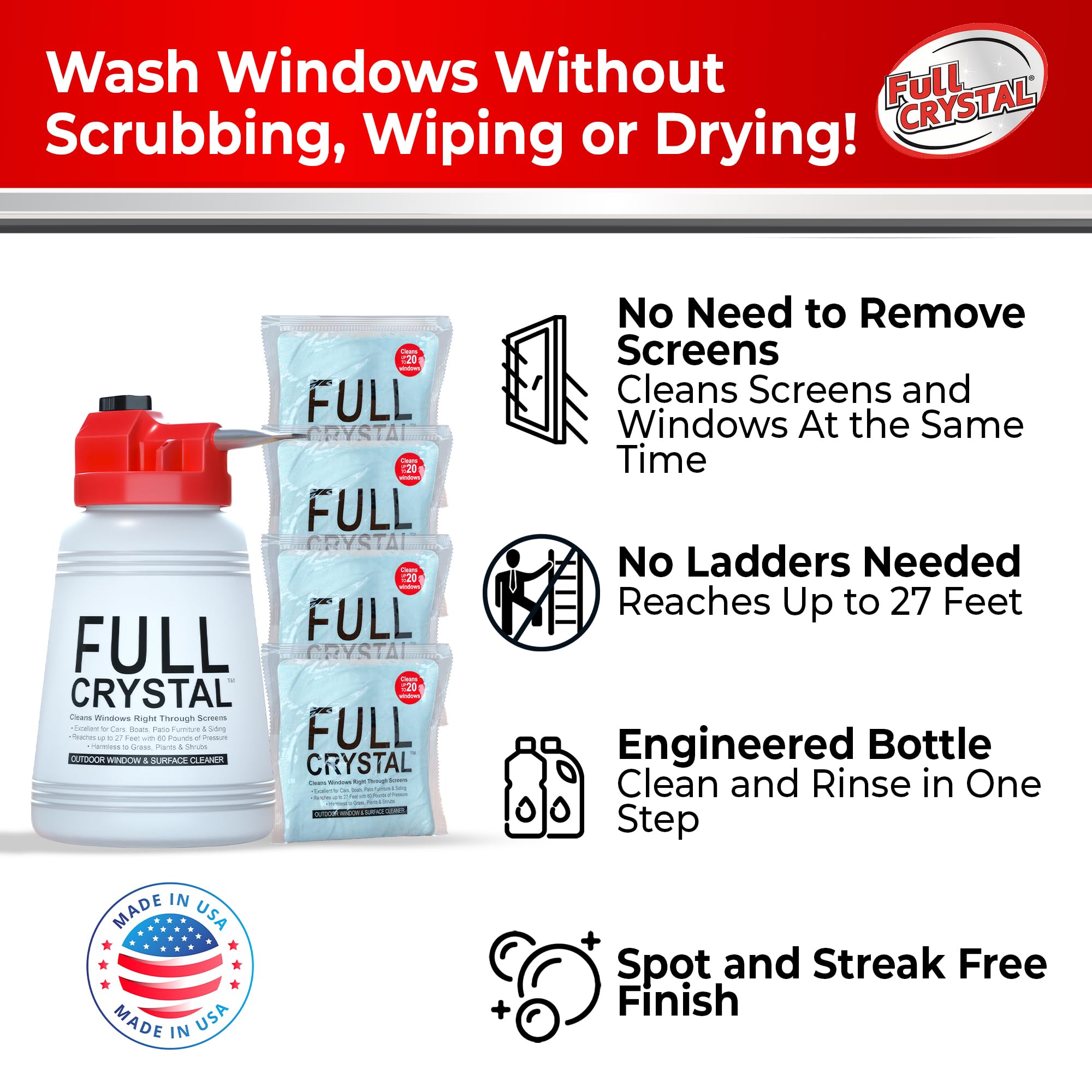 Full Crystal Window Cleaning Kit - 16 oz Glass Cleaner and Bottle with 27 ft Reach, Each 4 oz Bag Makes Up to 640 fl oz, Cleans Up to 80 Windows