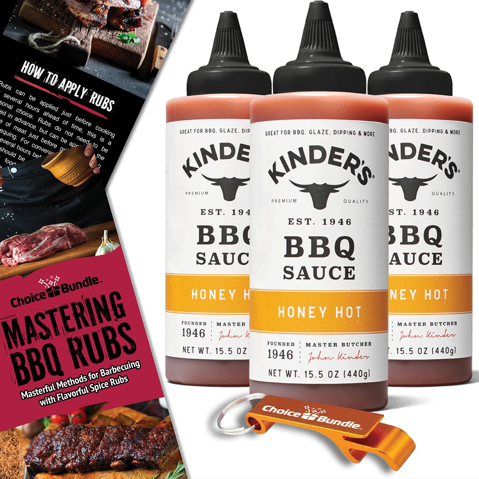 Kinder’s Honey Hot BBQ Premium Barbecue Sauce 3 Pk (46.5 oz) Great to Dip Toss Glaze & More + Barbecue Masters & Bottle Opener (5 Items)!