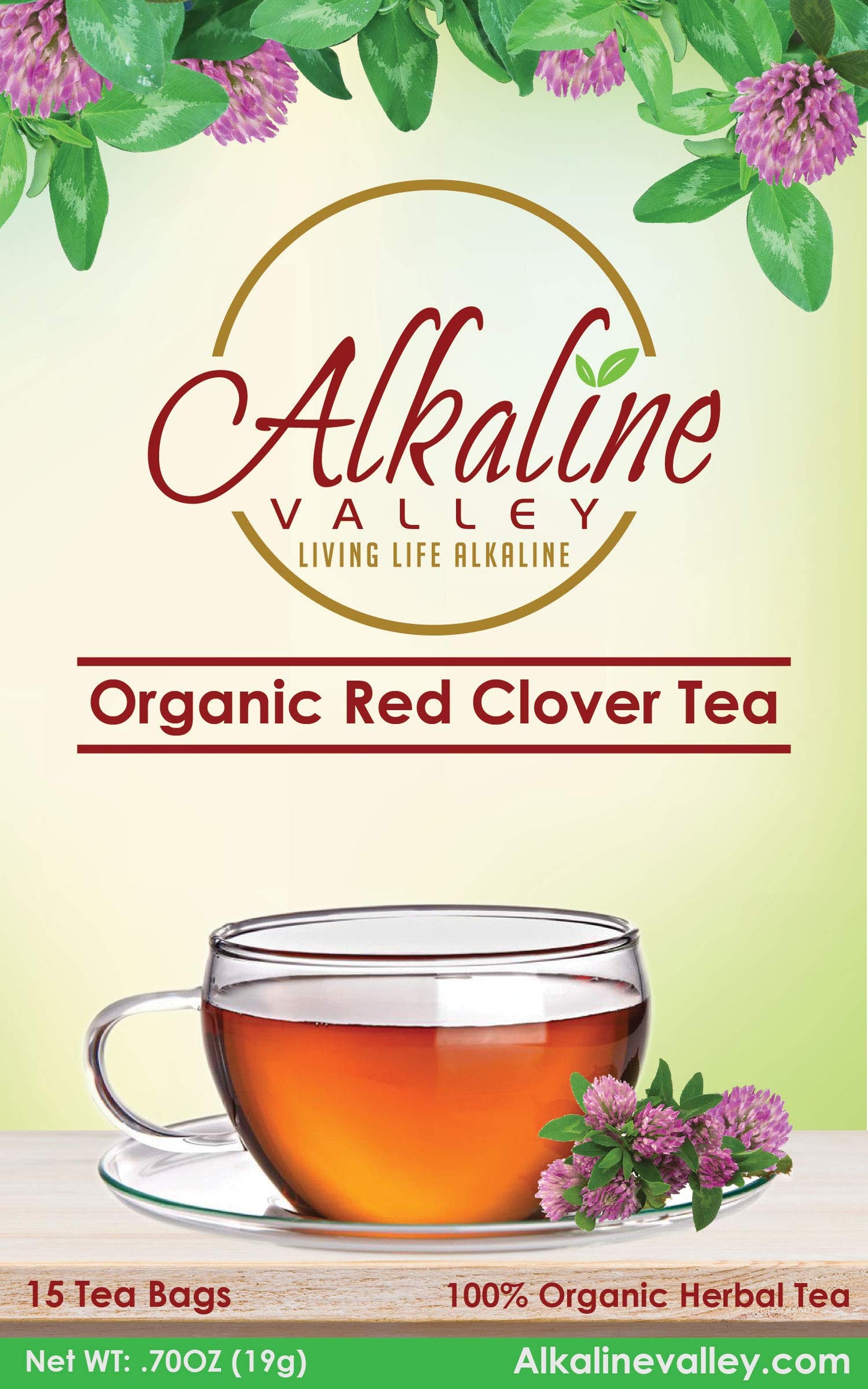 Organic Red Clover Tea - 100% Alkaline - 15 Unbleached/Chemical-Free Red Clover Tea Bags - Pack of 3 - Caffeine-Free, No GMO