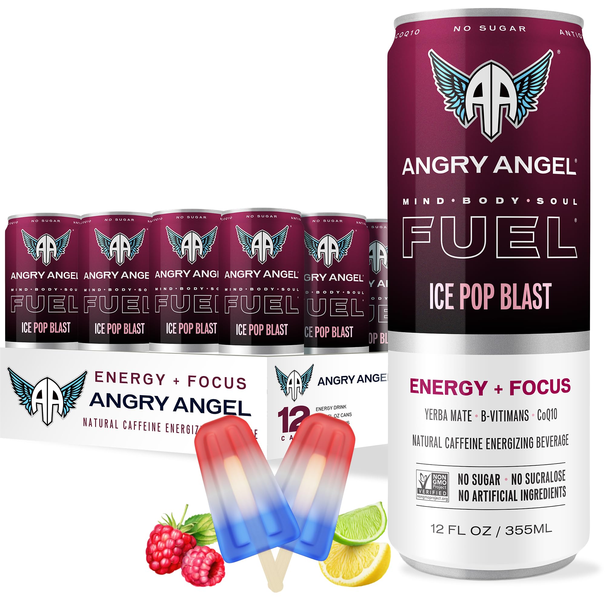 Angry Angel Ice Pop Blast Natural Energy + Focus Drink (12 count) - Zero Sugar - Natural Caffeine from Yerba Mate - CoQ10 - B Vitamins - 12 oz Cans